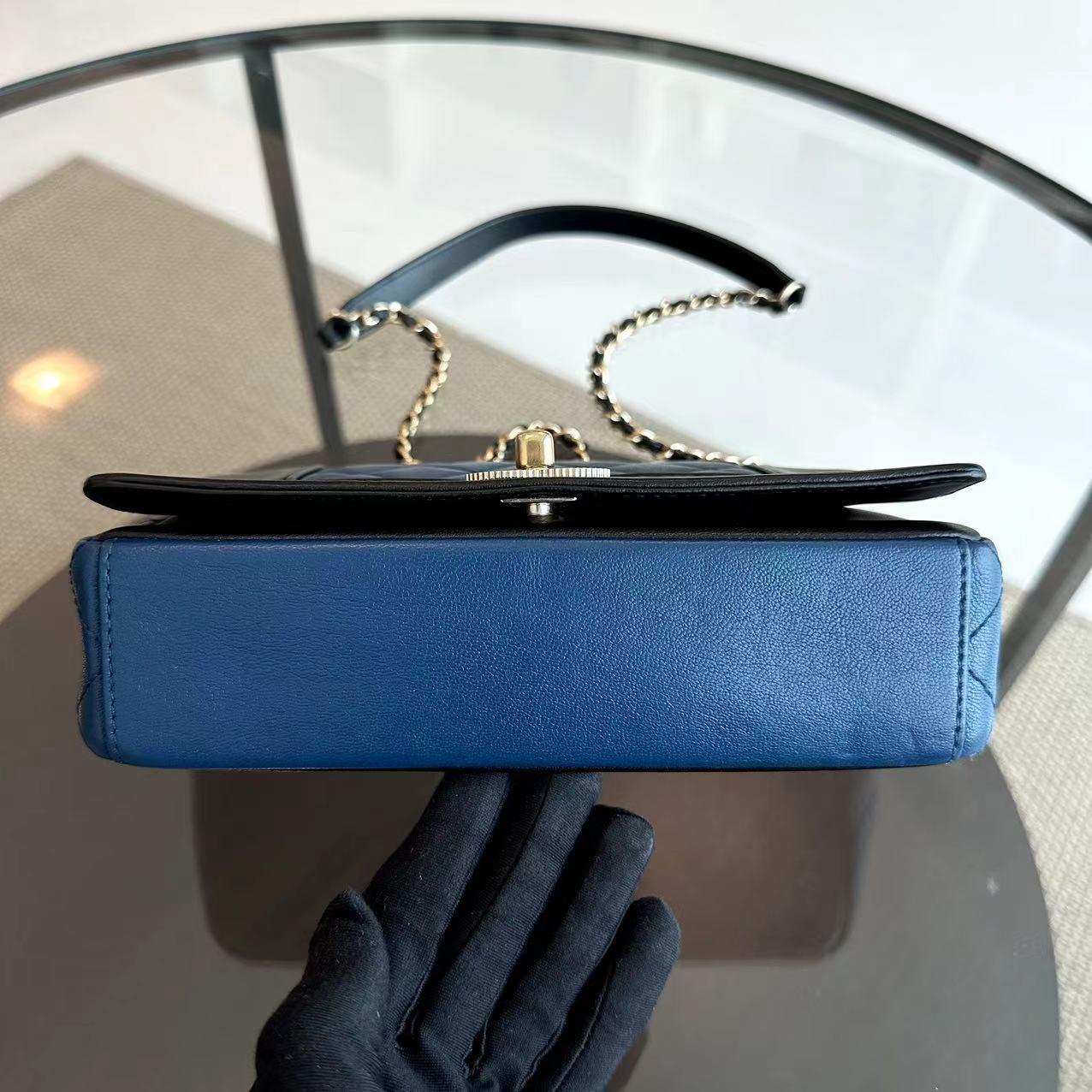 Chanel Seasonal Flap - Mademoiselle Small 20CM Calfskin Two-Tone Black Blue Golden Hardware Series 23