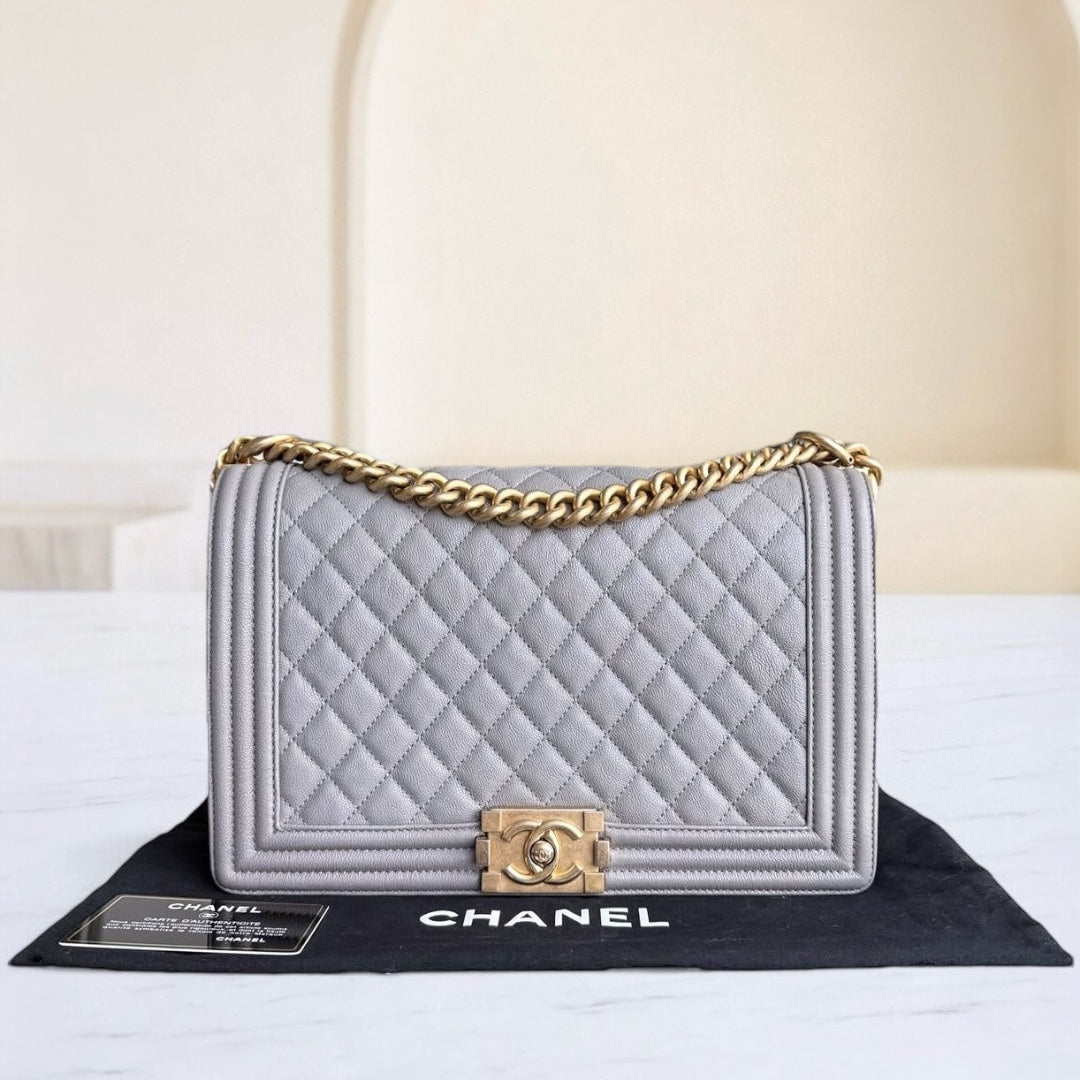 Chanel Boy Medium - Caviar 28CM Quilted Grey Gray Gold Hardware Series 26