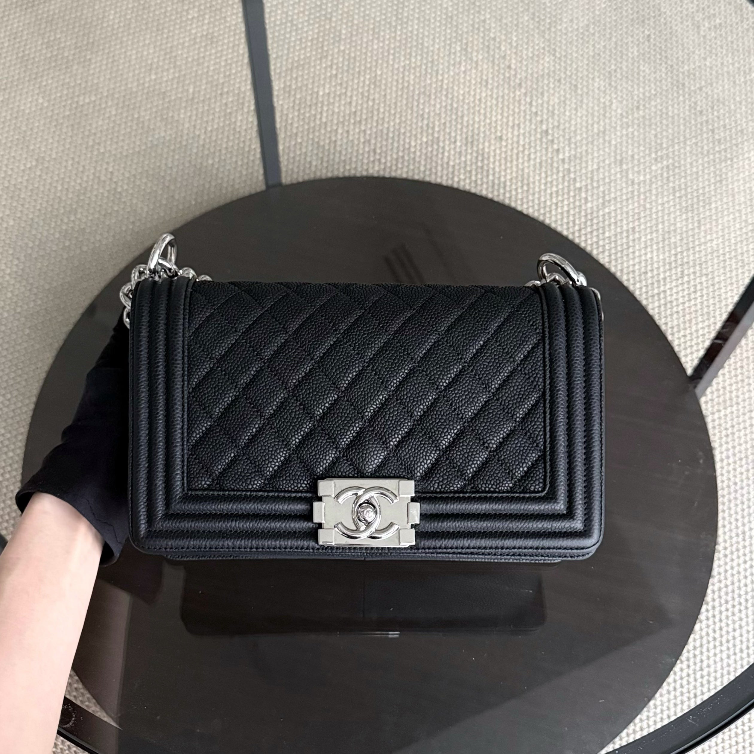 Chanel Boy Medium - 25CM Caviar Iridescent Grained Calfskin Black Silver Hardware Series 17