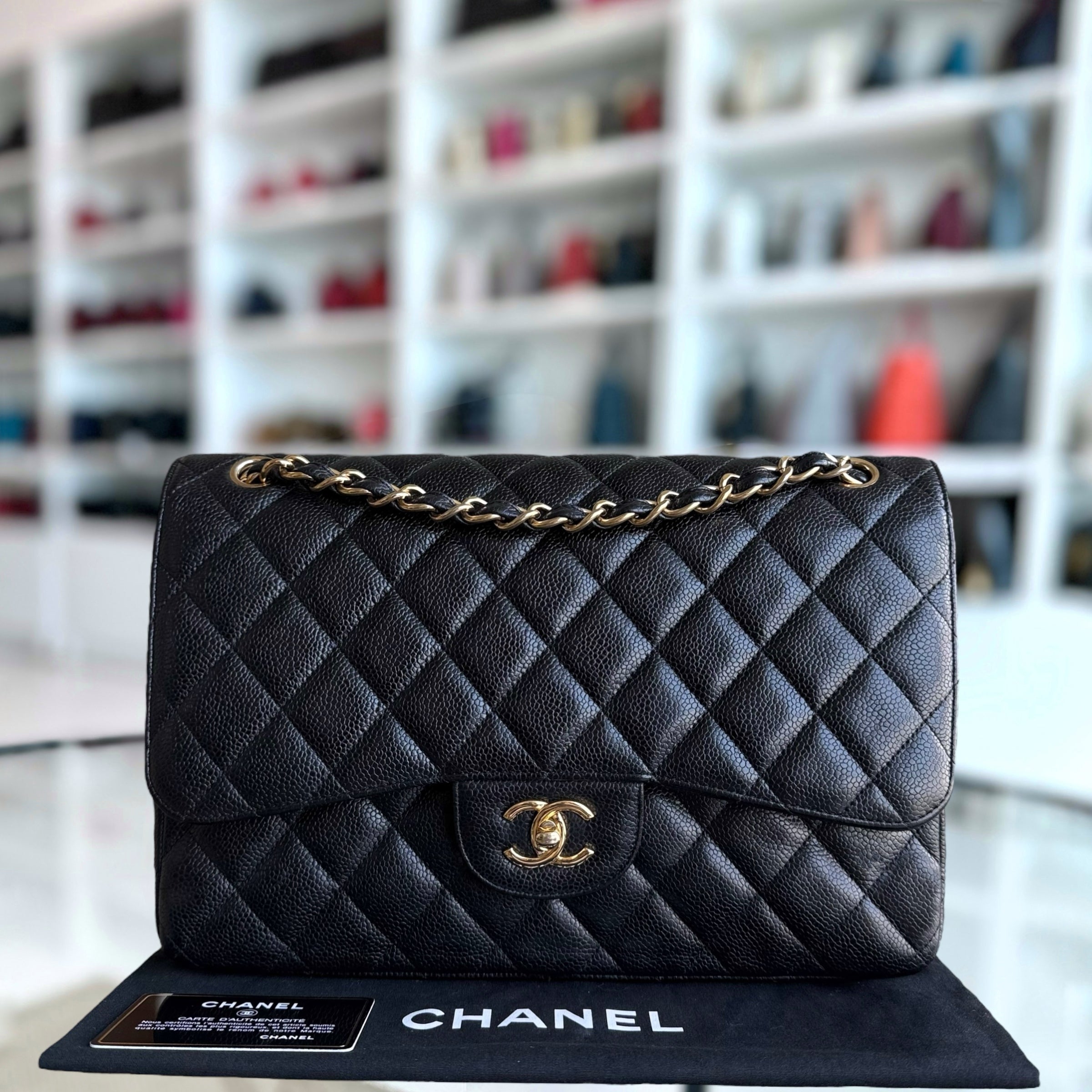 Chanel Classic Flap Jumbo - Caviar Double Flap 30CM Quilted Black Gold Hardware Series 15