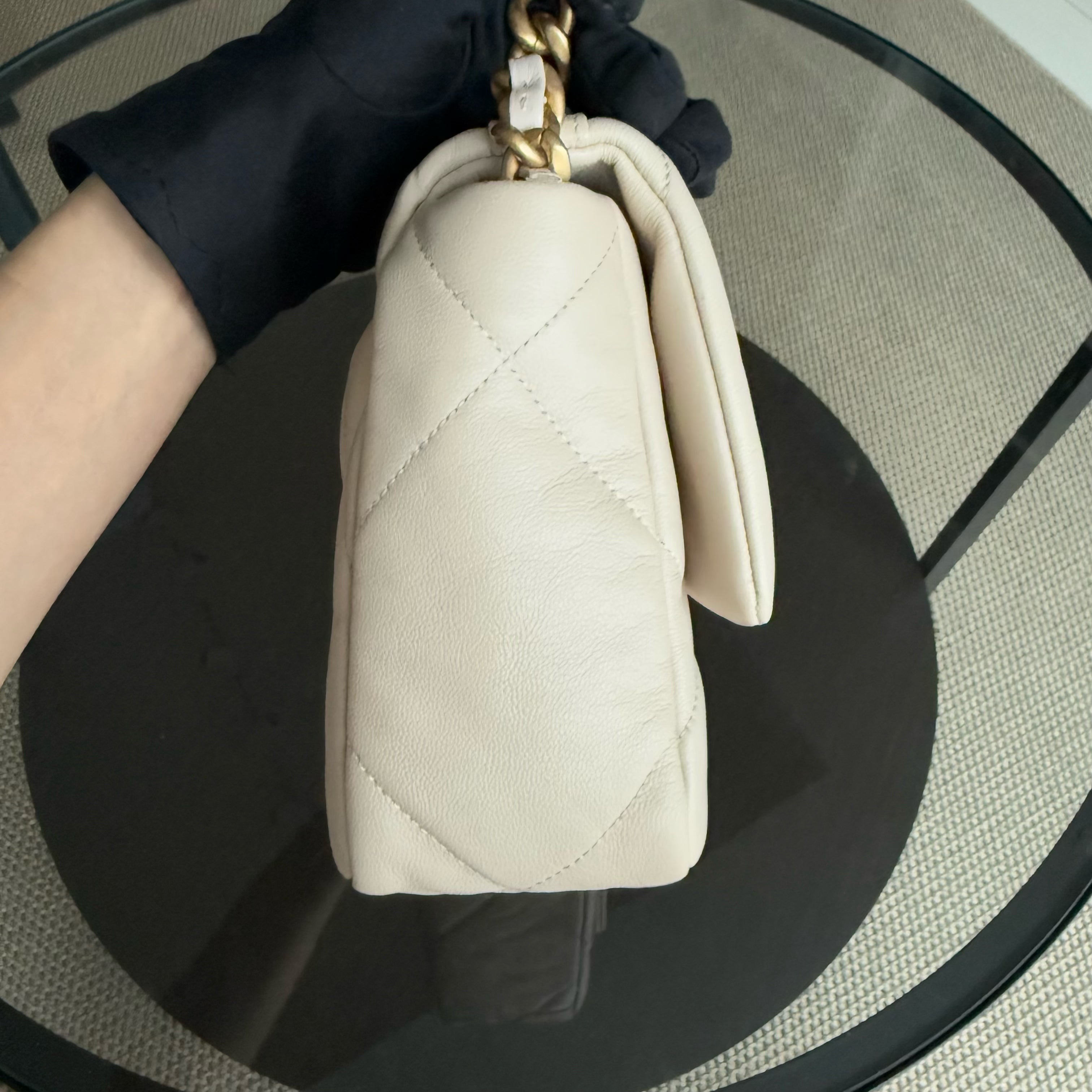 Chanel 19 Bag Small- C19 Quilted Goatskin Light Beige Cream Two-tone Hardware Series 30