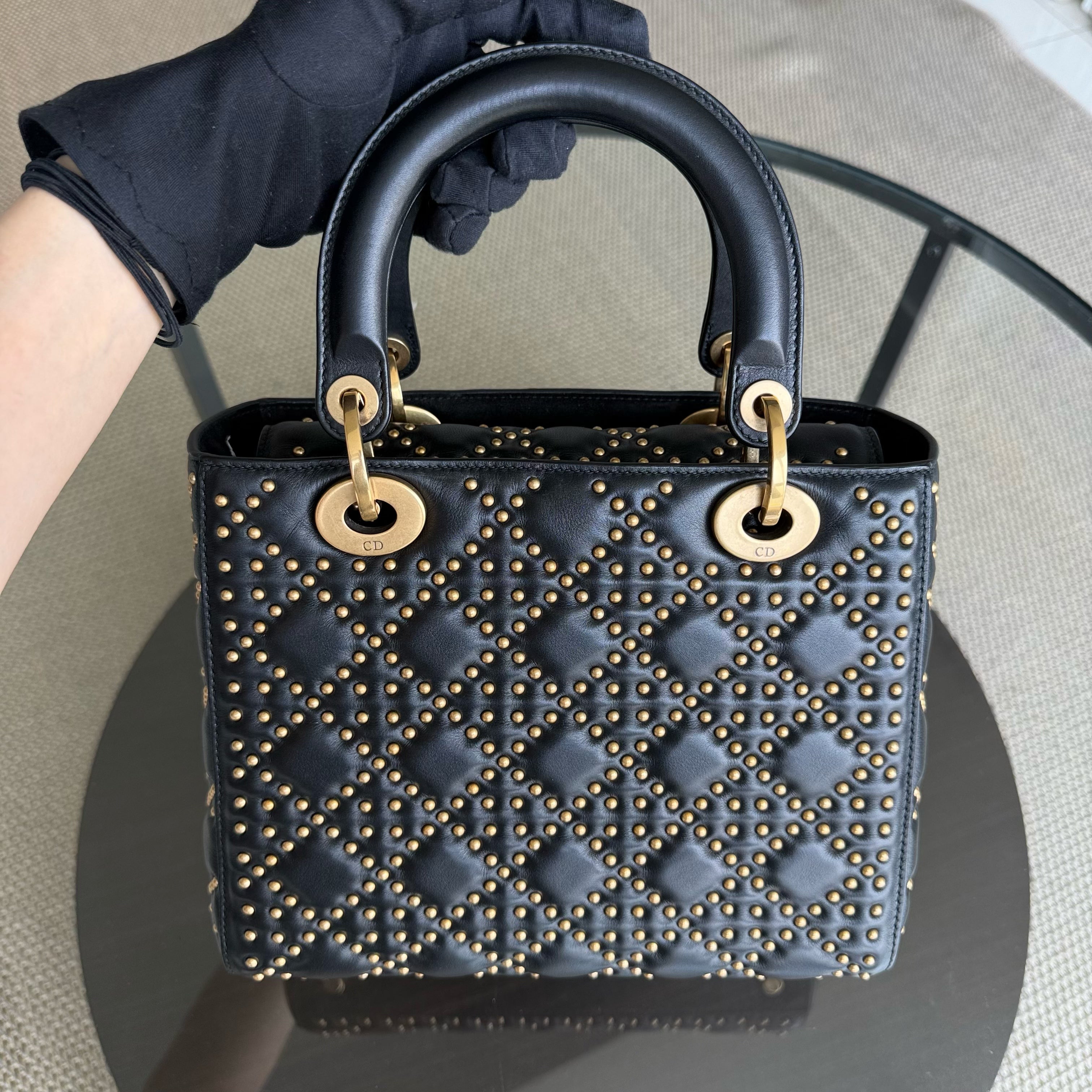 Dior Lady Medium Flap - Studded Cannage Calfskin Black Gold Hardware