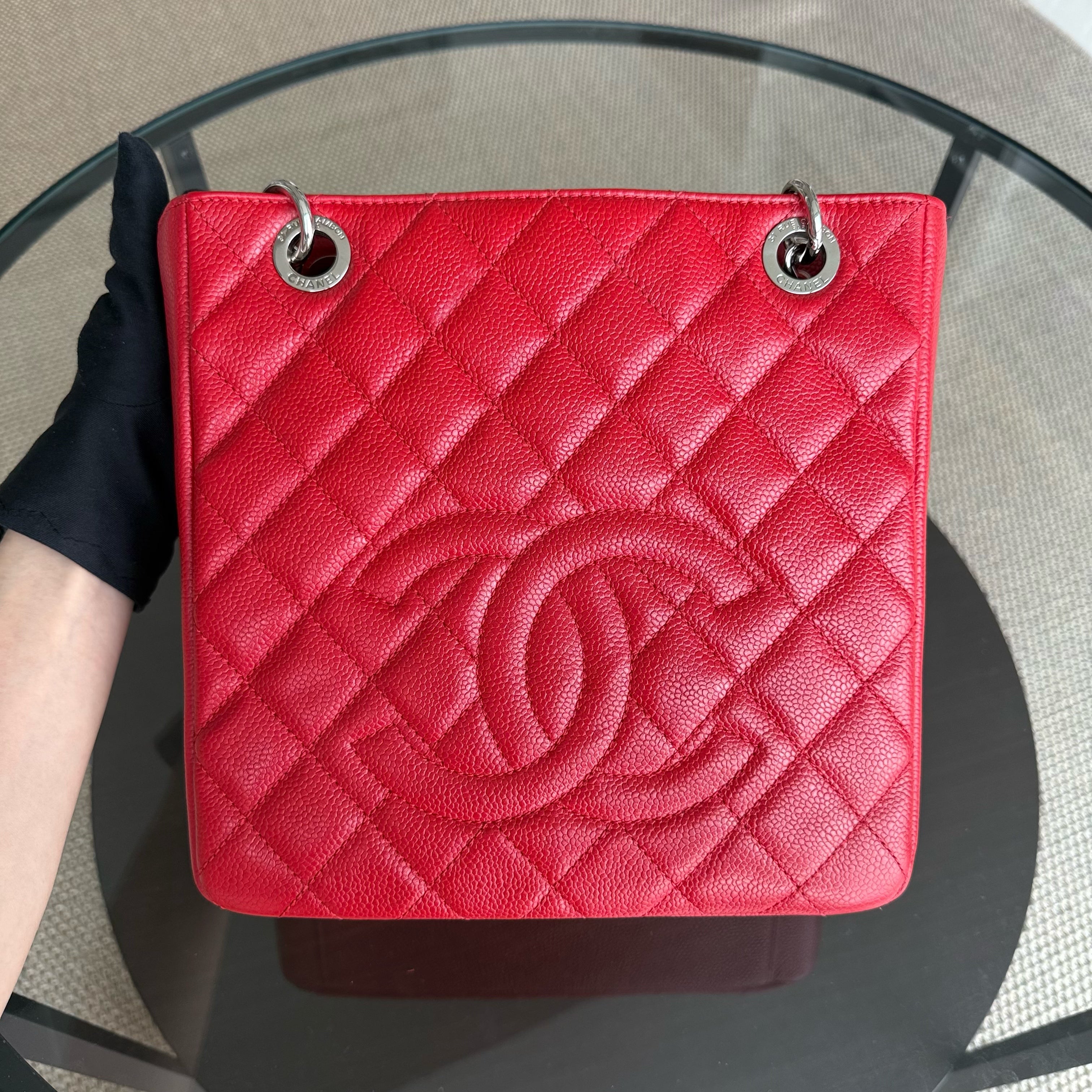 Chanel PST Petite Shopping Tote - Caviar Quilted Red Silver Hardware Series 18
