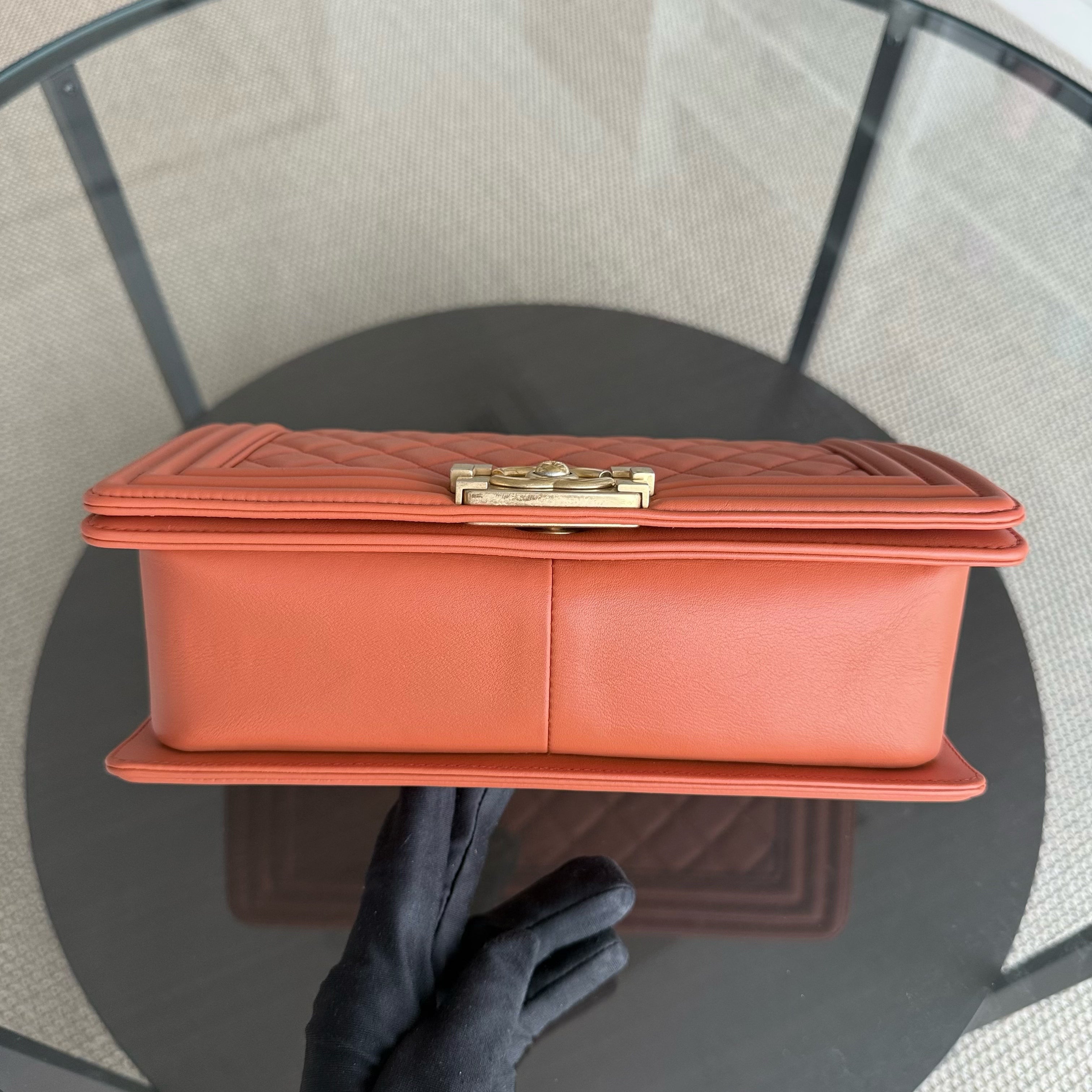 Chanel Boy Medium - 25CM Quilted Clafskin Caramel Aged Gold Hardware Series 20