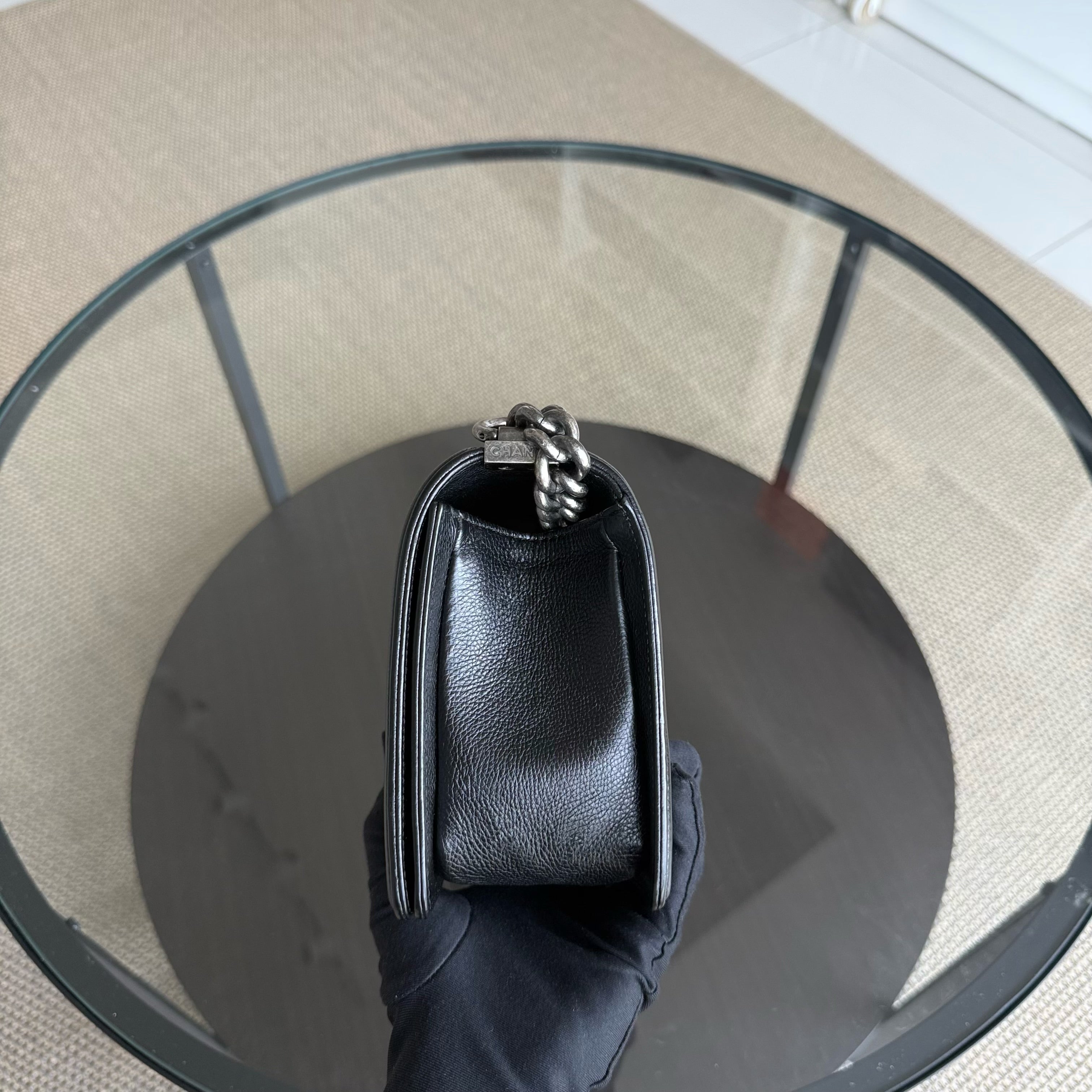 Chanel Boy Medium - 25CM Quilted Grained Calfskin Black Silver Hardware Series 23