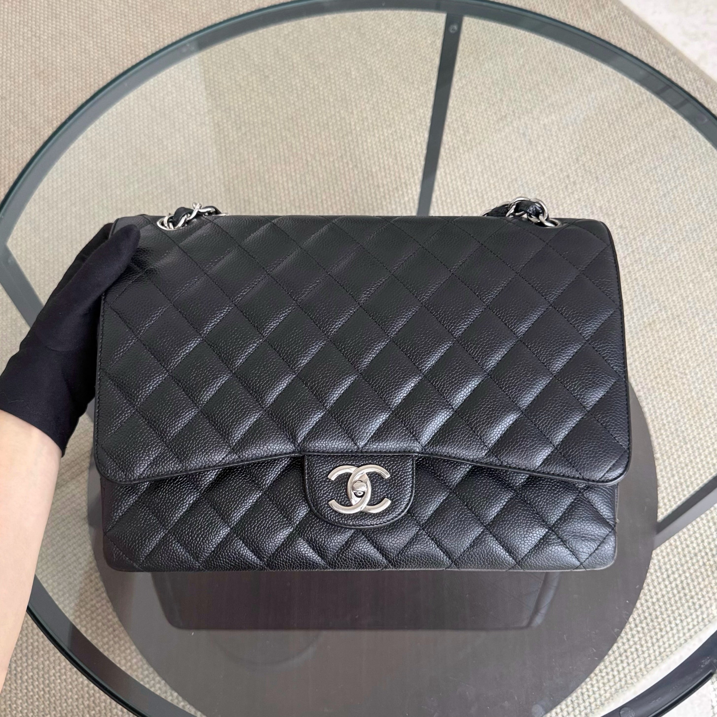 Chanel Classic Flap Maxi - Caviar 33CM Double Flap Black Silver Hardware Series 14
