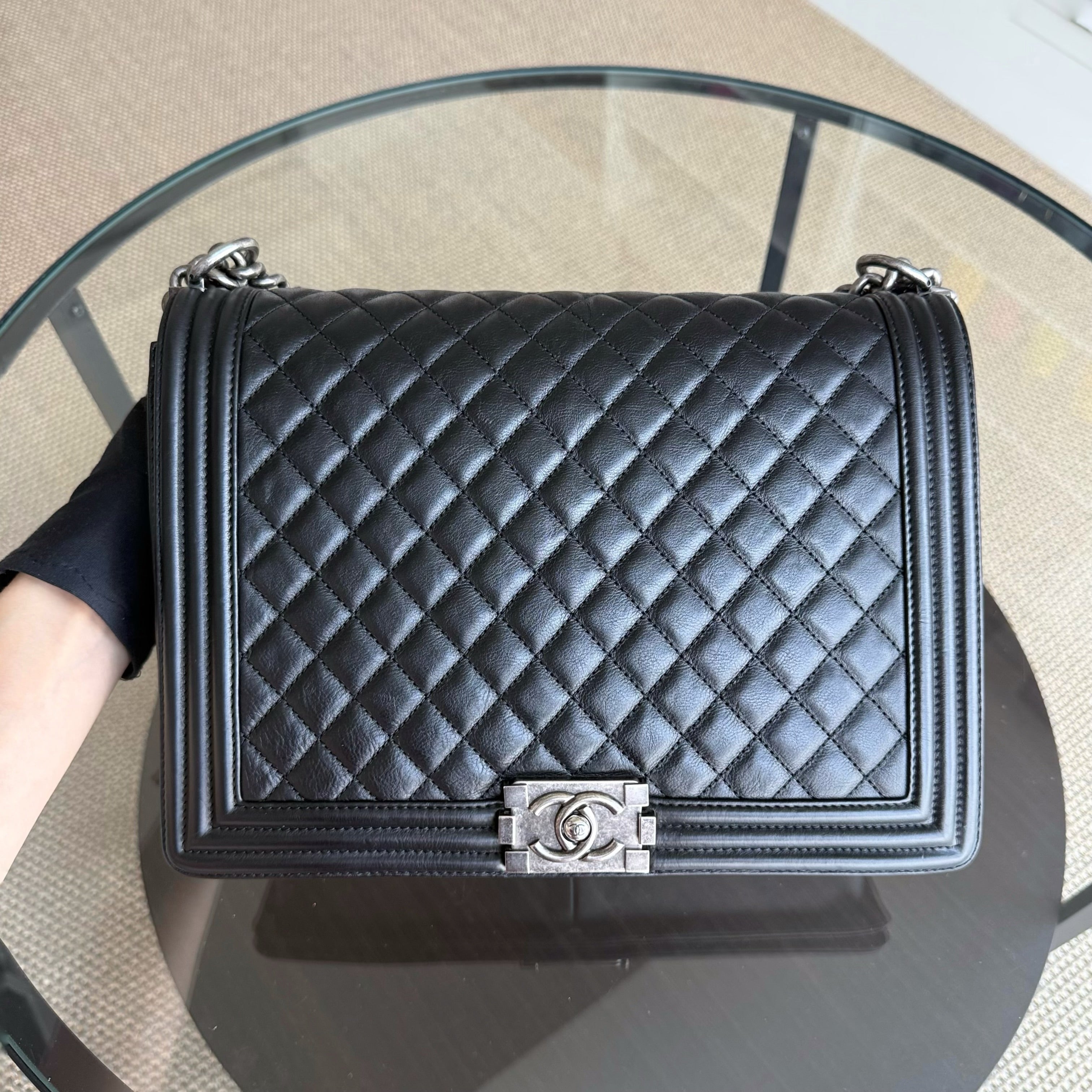 Chanel Boy Large - Quilted Grained Calfskin Black Silver Hardware Series 17