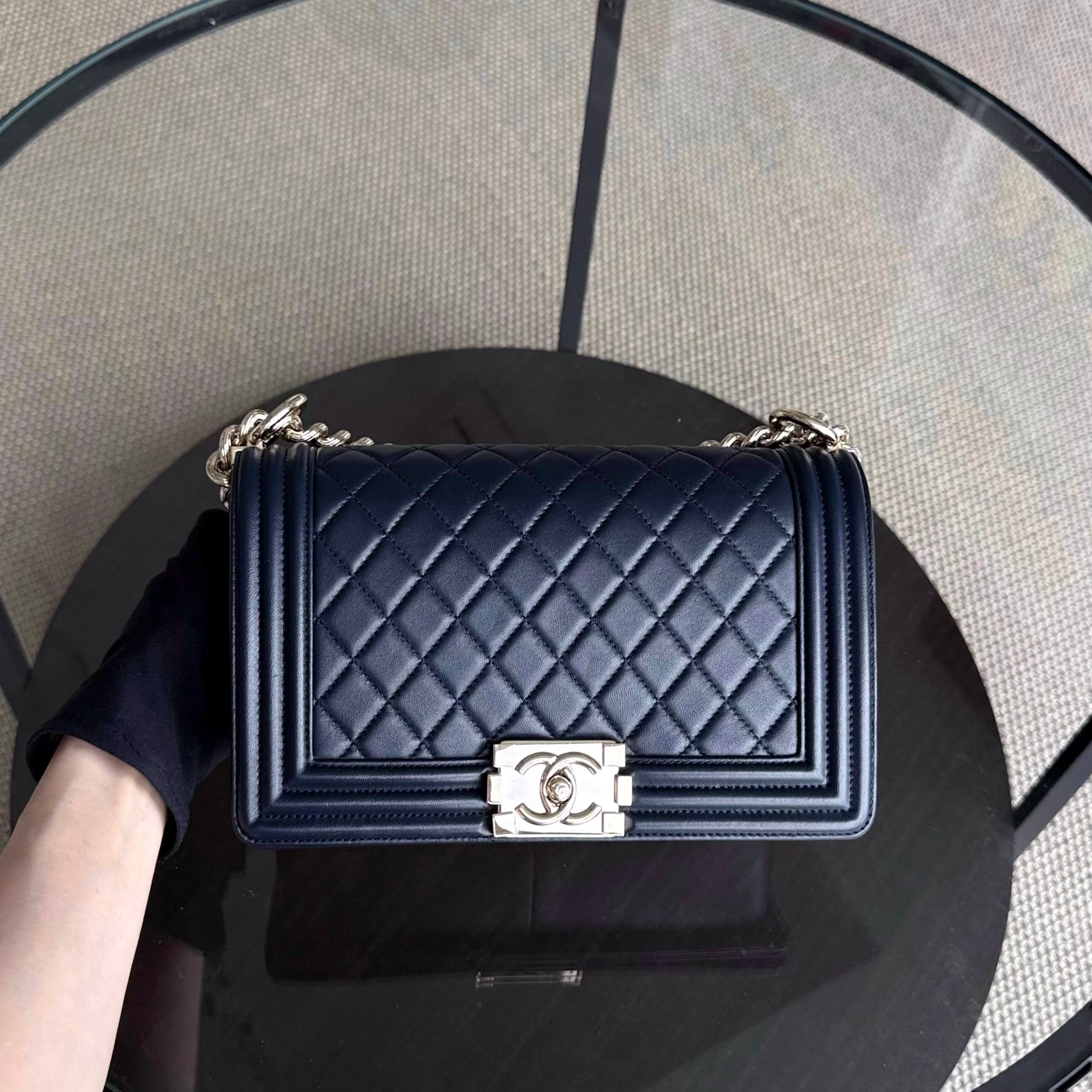 Chanel Boy Medium - 25CM Quilted Lambskin Dark Blue Gold Hardware Series 24
