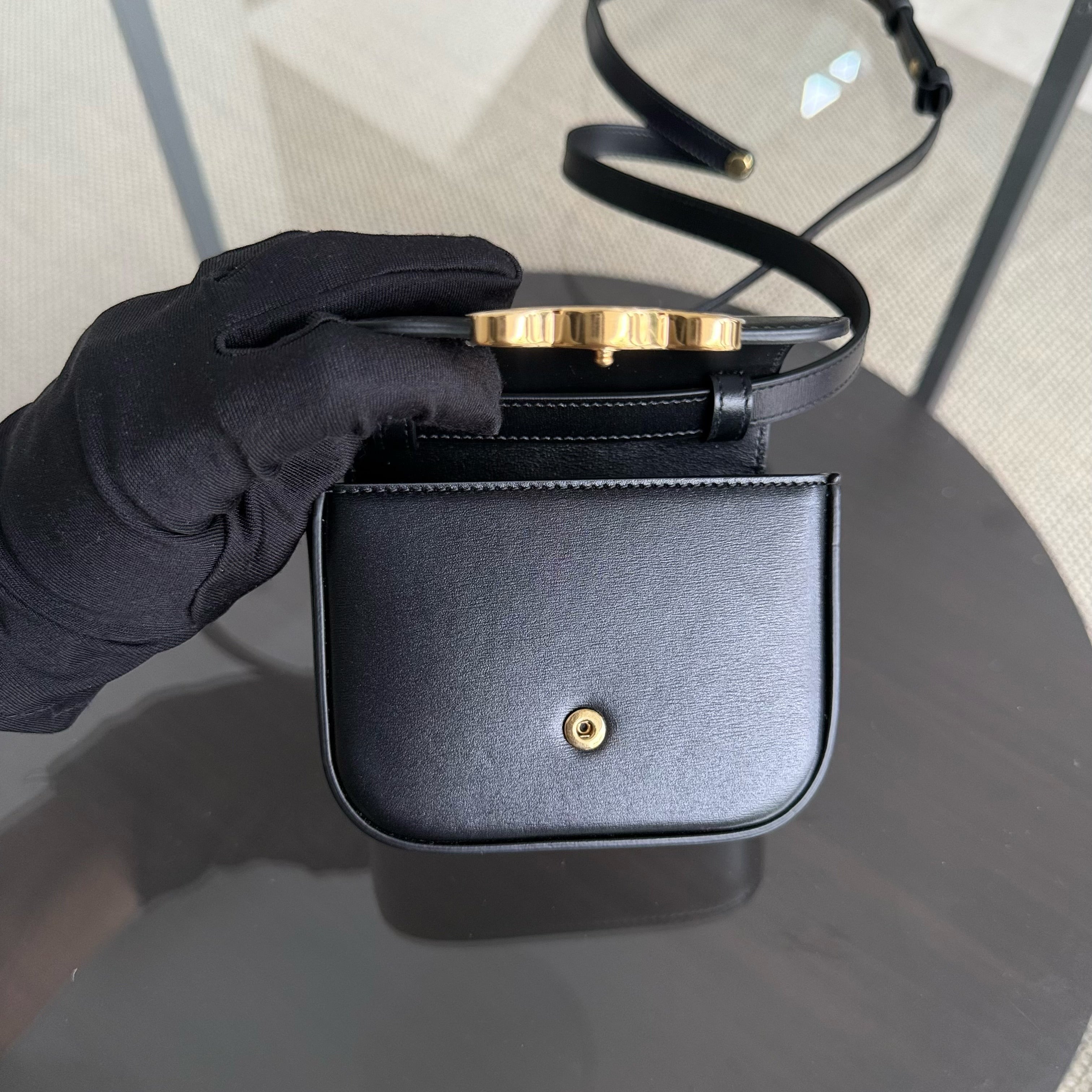 Celine Triomphe Mini Claude Flap Bag in Black Shiny Calfskin and GHW