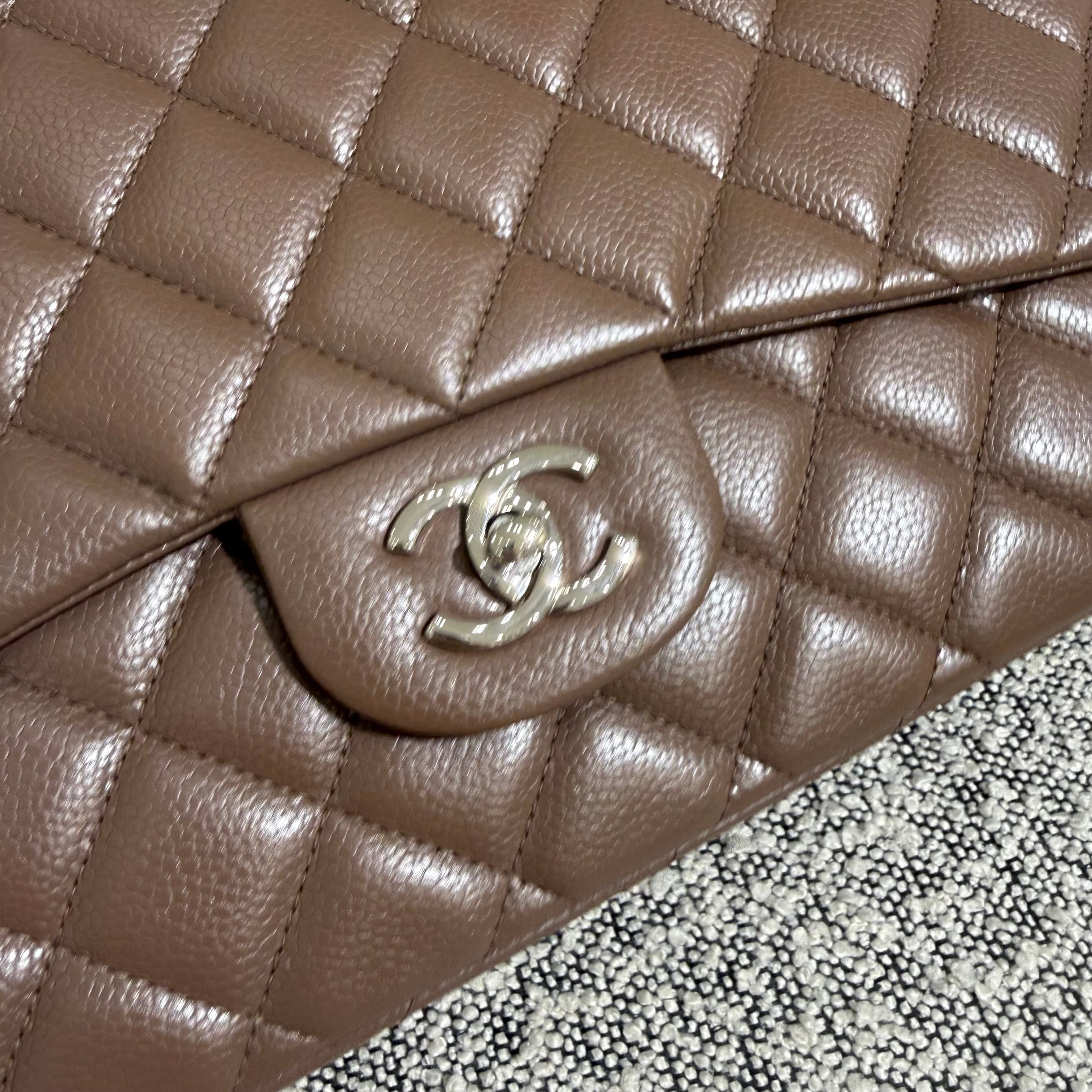 Chanel Classic Flap Maxi - Caviar 33CM Single Flap Quilted Brown Silver Harware