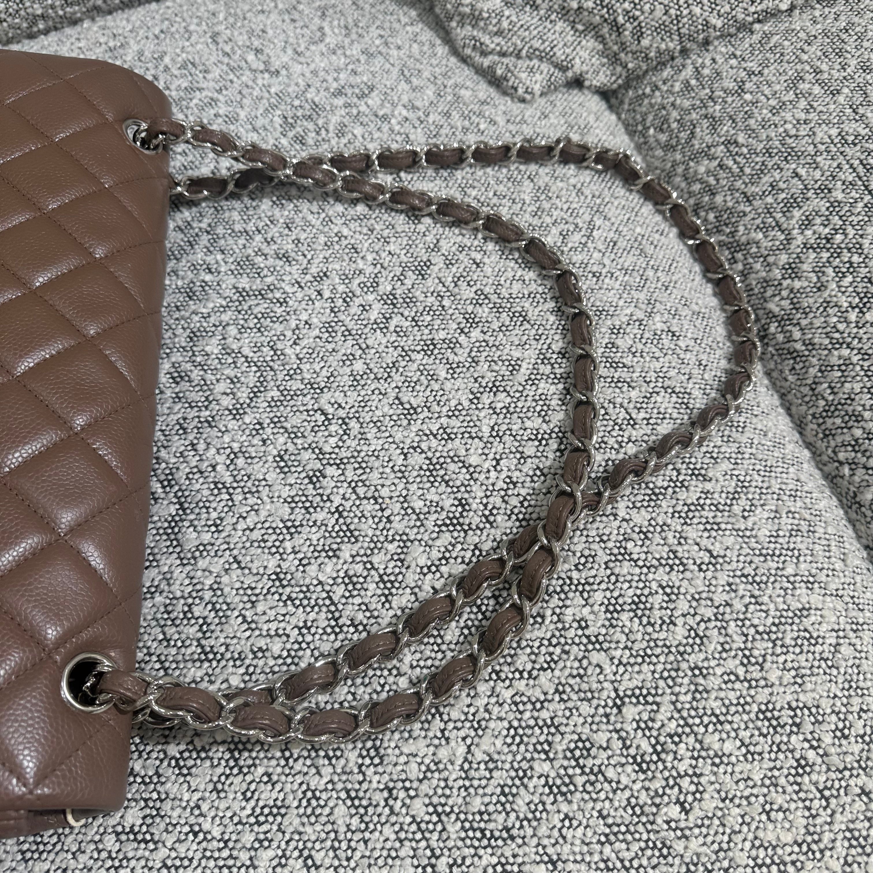 Chanel Classic Flap Maxi - Caviar 33CM Single Flap Quilted Brown Silver Harware