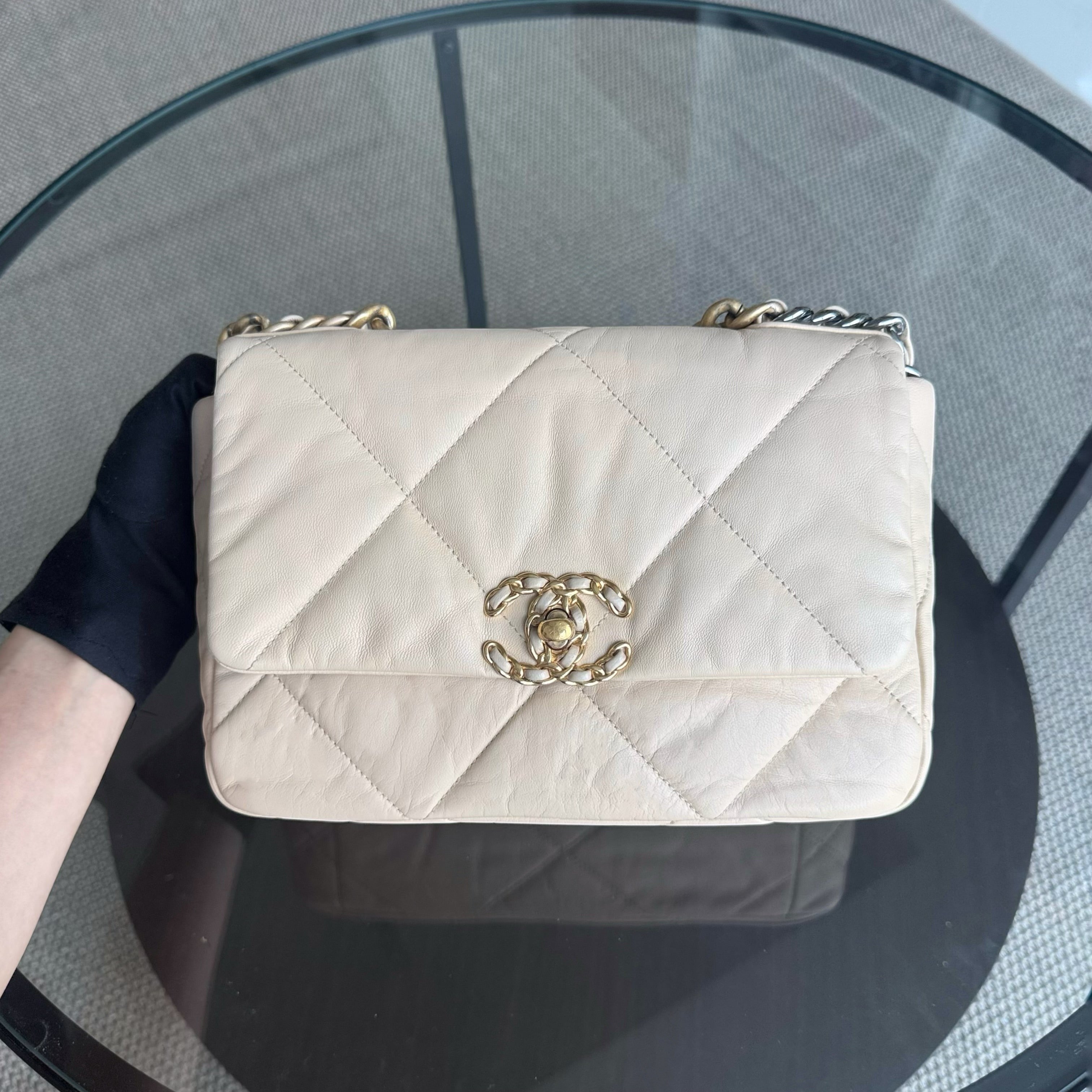Chanel 19 Bag Small- C19 Quilted Goatskin Light Beige Cream Two-tone Hardware Series 30