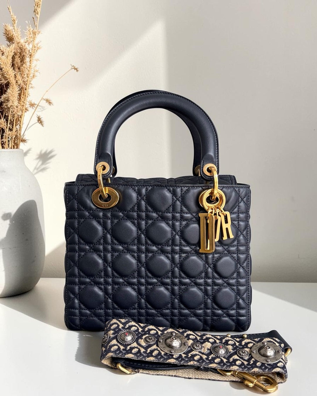 Dior Lady Medium Flap - Cannage Calfskin Midnight Blue Gold Hardware