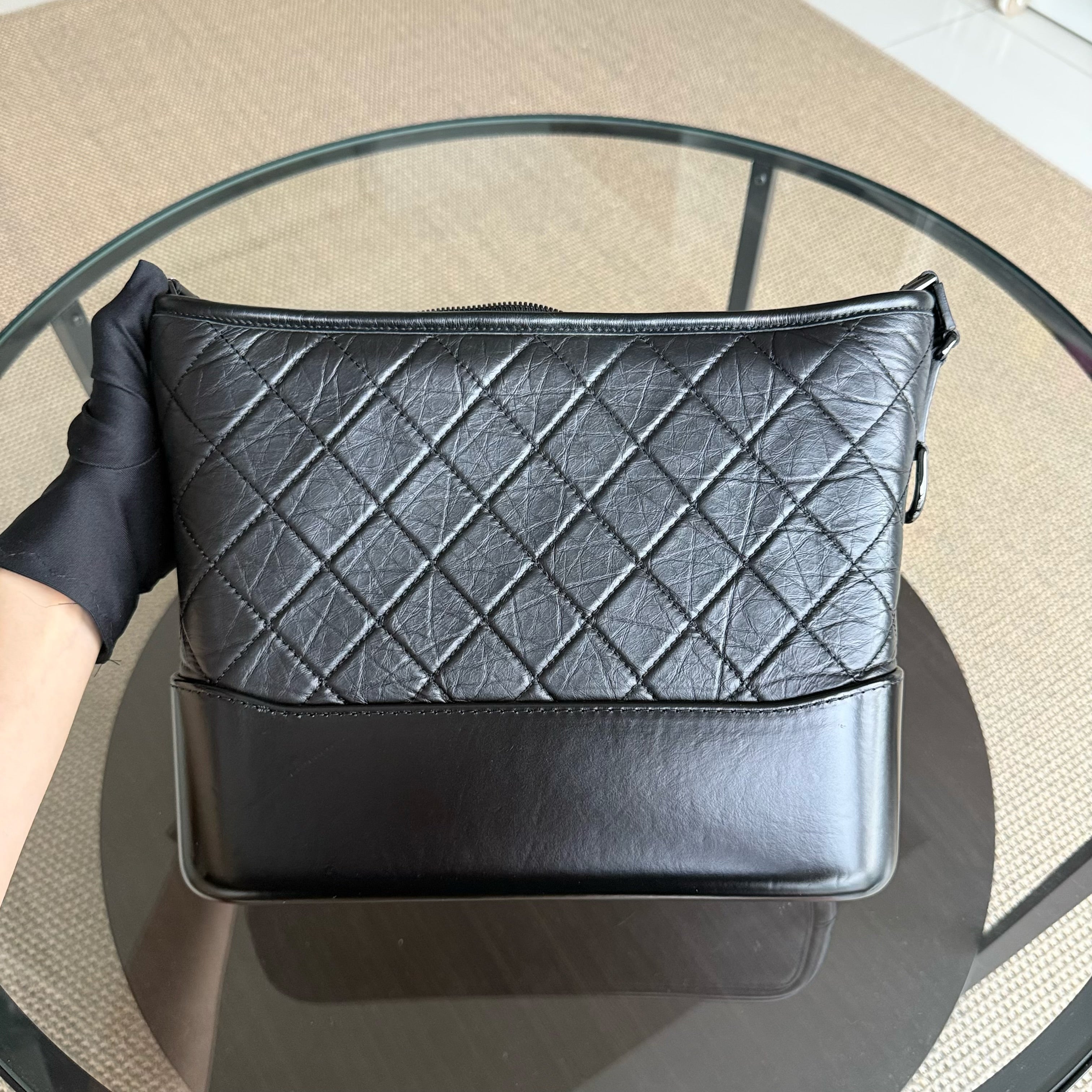 Chanel Gabrielle Medium - Quilted Aged Calfskin Black All Black Hardware Series 29