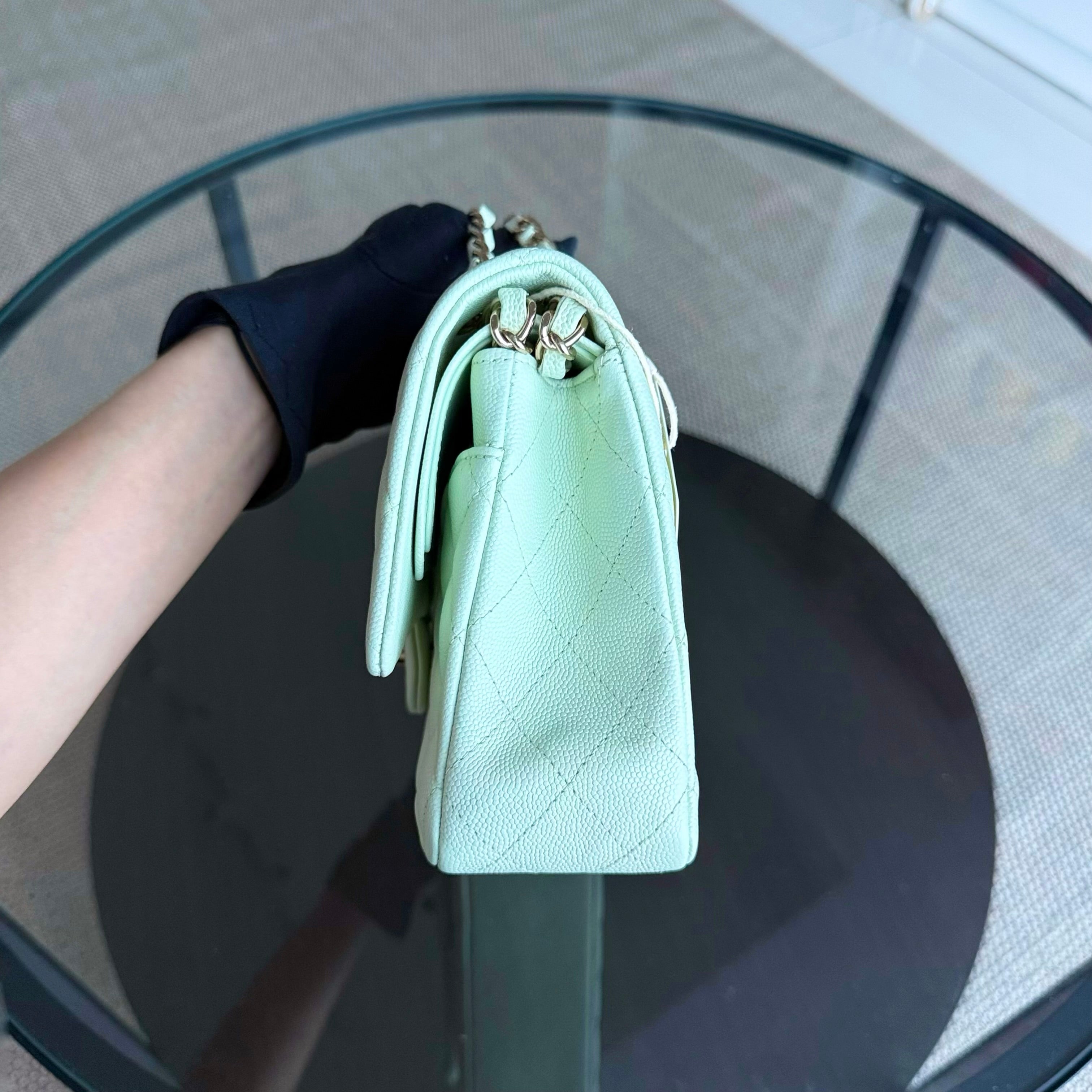 Chanel Classic Flap Medium - Caviar 25CM Quilted Grained Calfskin Light Mint Green Gold Hardware Microchip