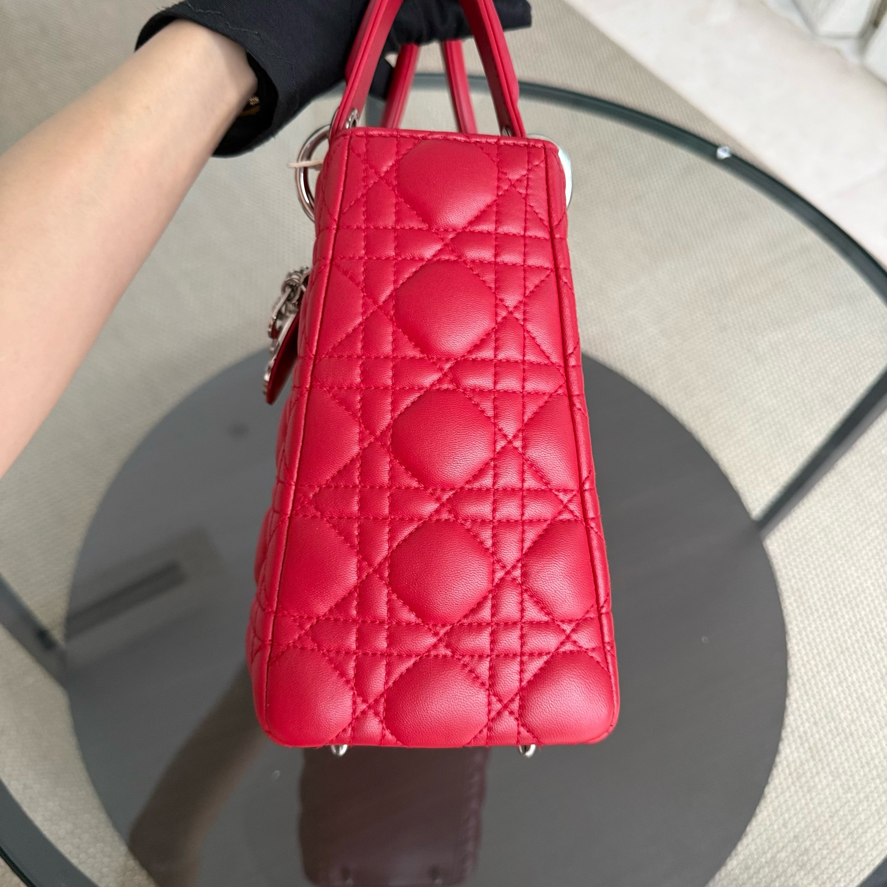 Dior Lady Medium - Cannage Lambskin Red Silver Hardware