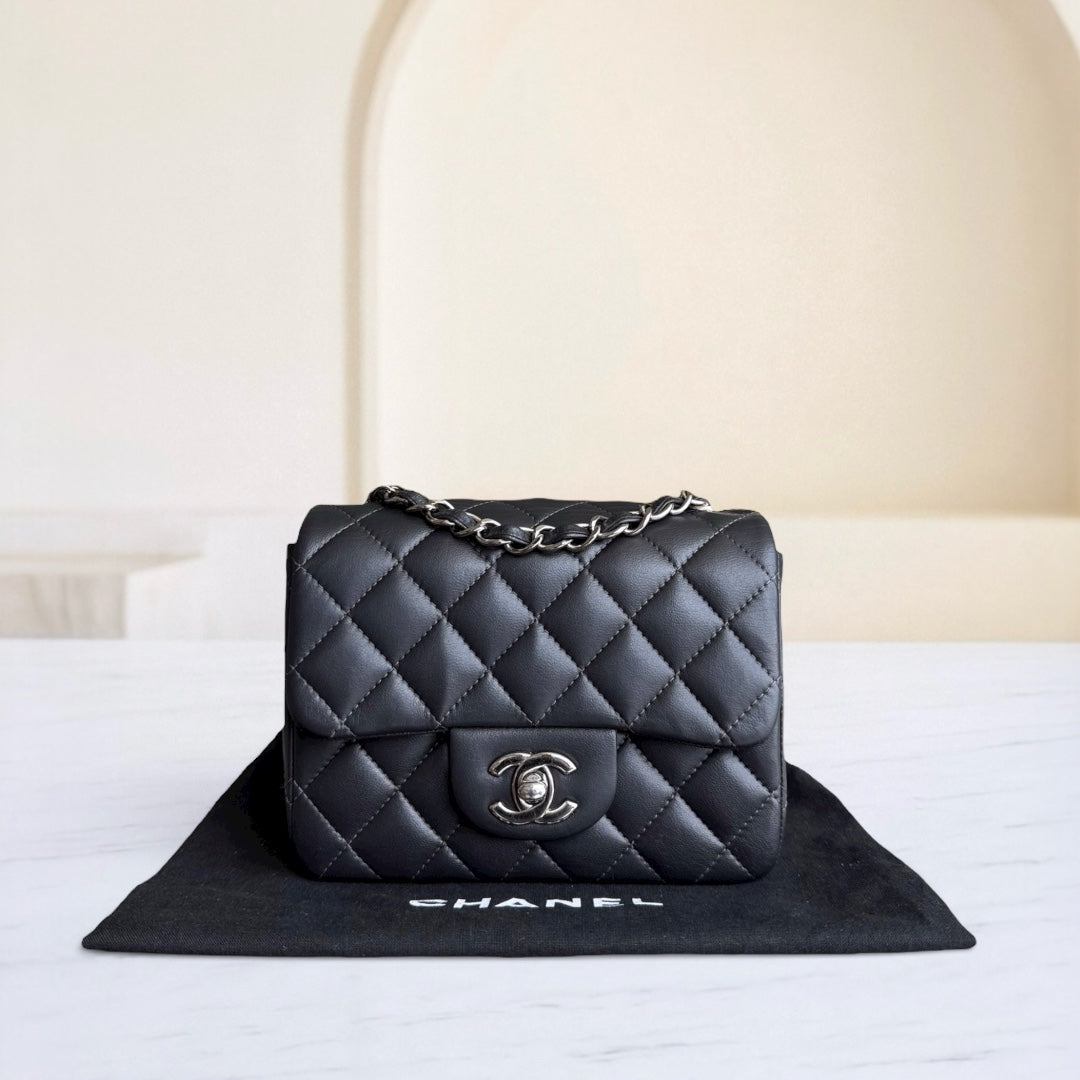 Chanel Classic Flap Mini Square - 17CM Quilted Lambskin Dark Gray Grey Gold Hardware Series 16