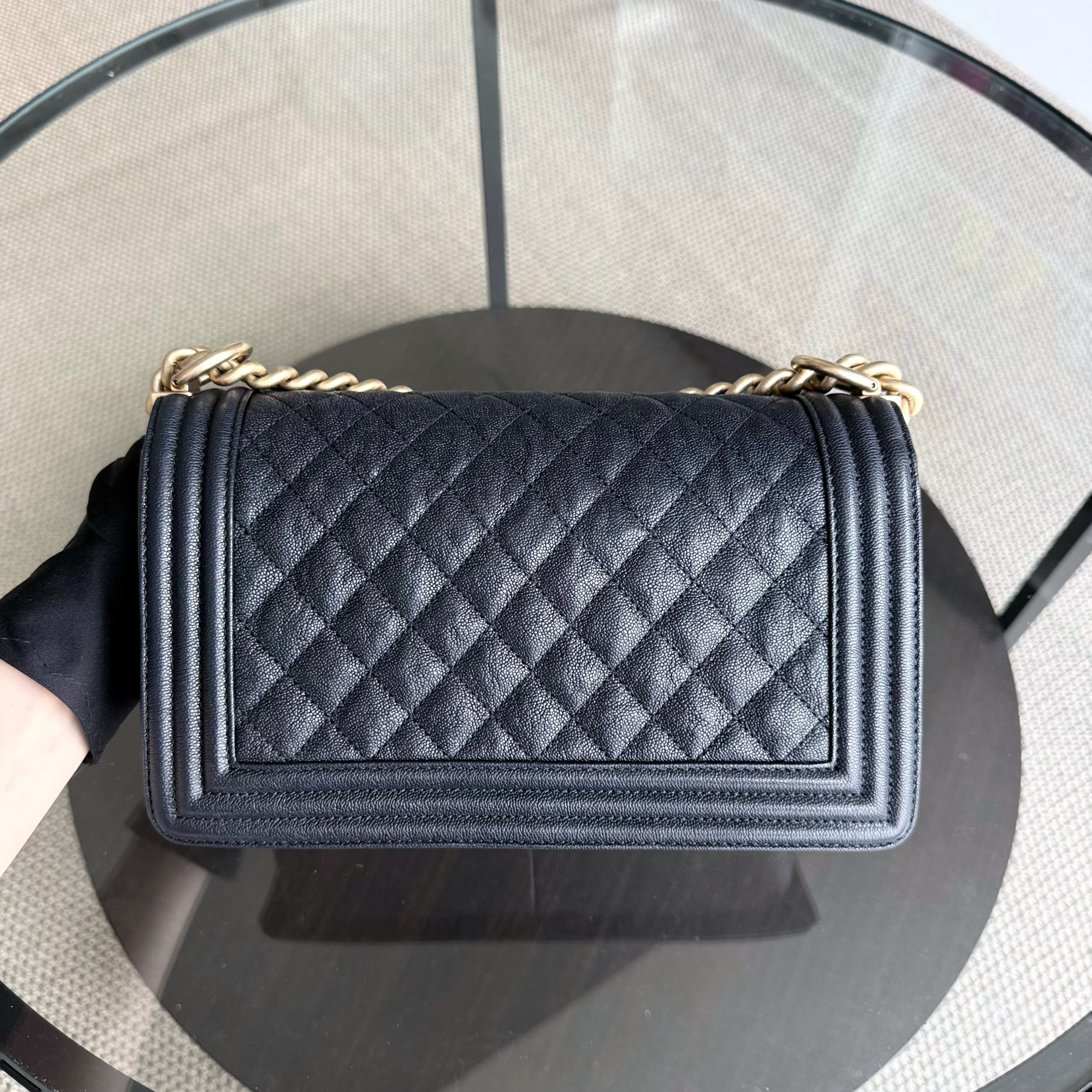 Chanel Boy Medium - Caviar 25CM Quilted Midnight Dark Blue Gold Hardware Series 26