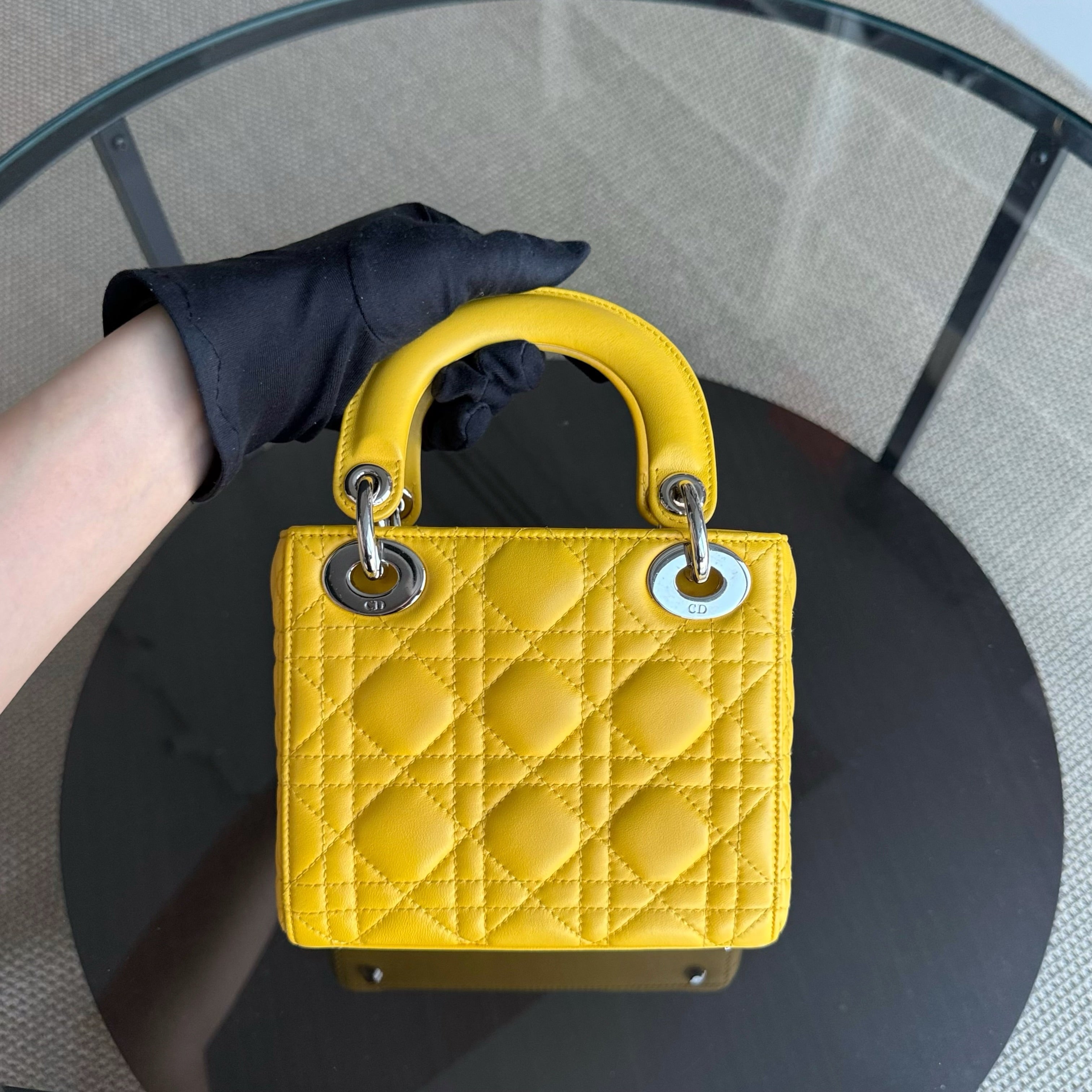 Dior Lady Mini Flap - Cannage Lambskin Yellow Silver Hardware Chain Strap Silver Hardware