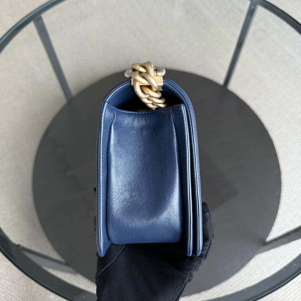 Chanel Boy Medium - 25CM Quilted Lambskin Dark Blue Gold Hardware Series 21