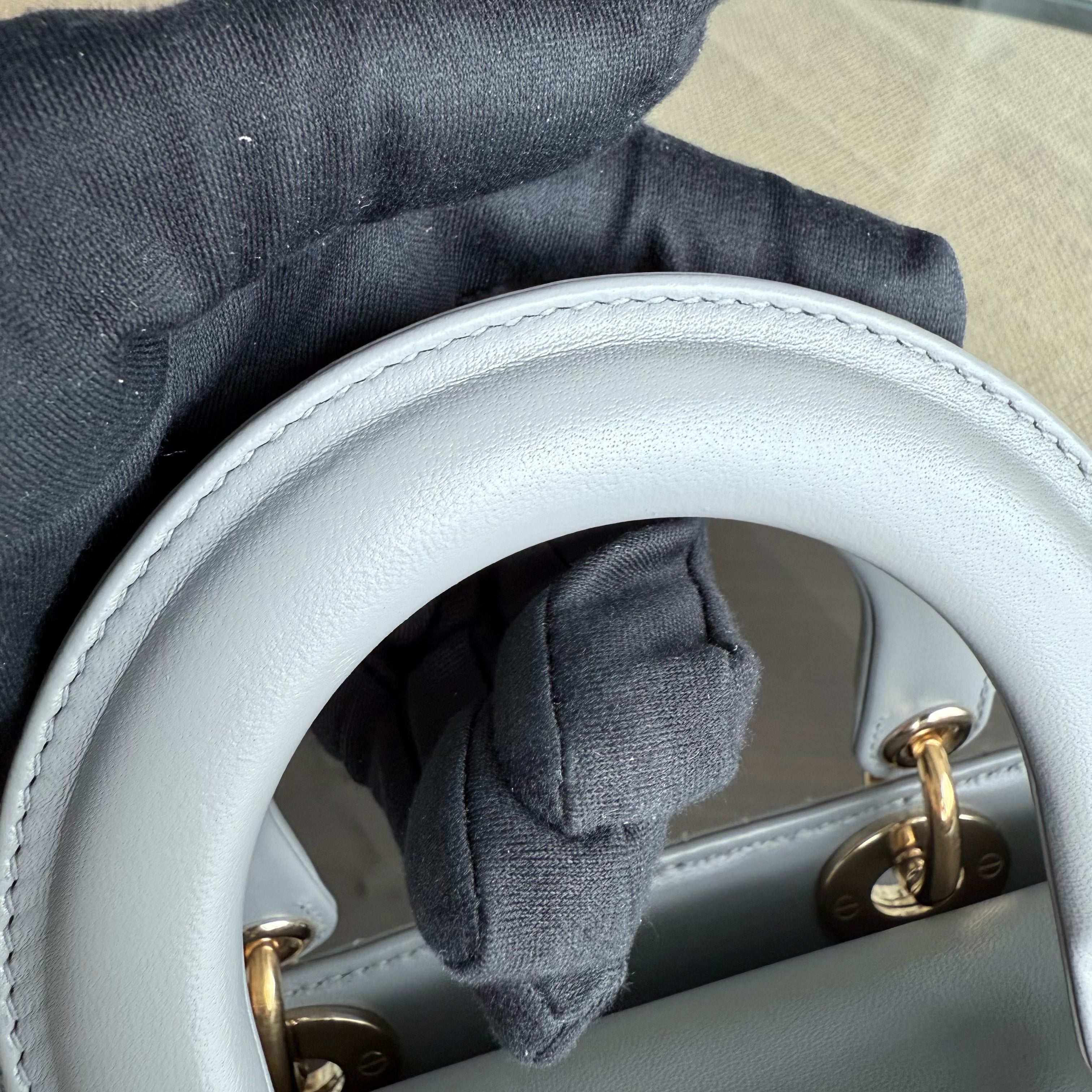 Dior Lady Small - Cannage Lambskin Light Grey Gray Gold Hardware