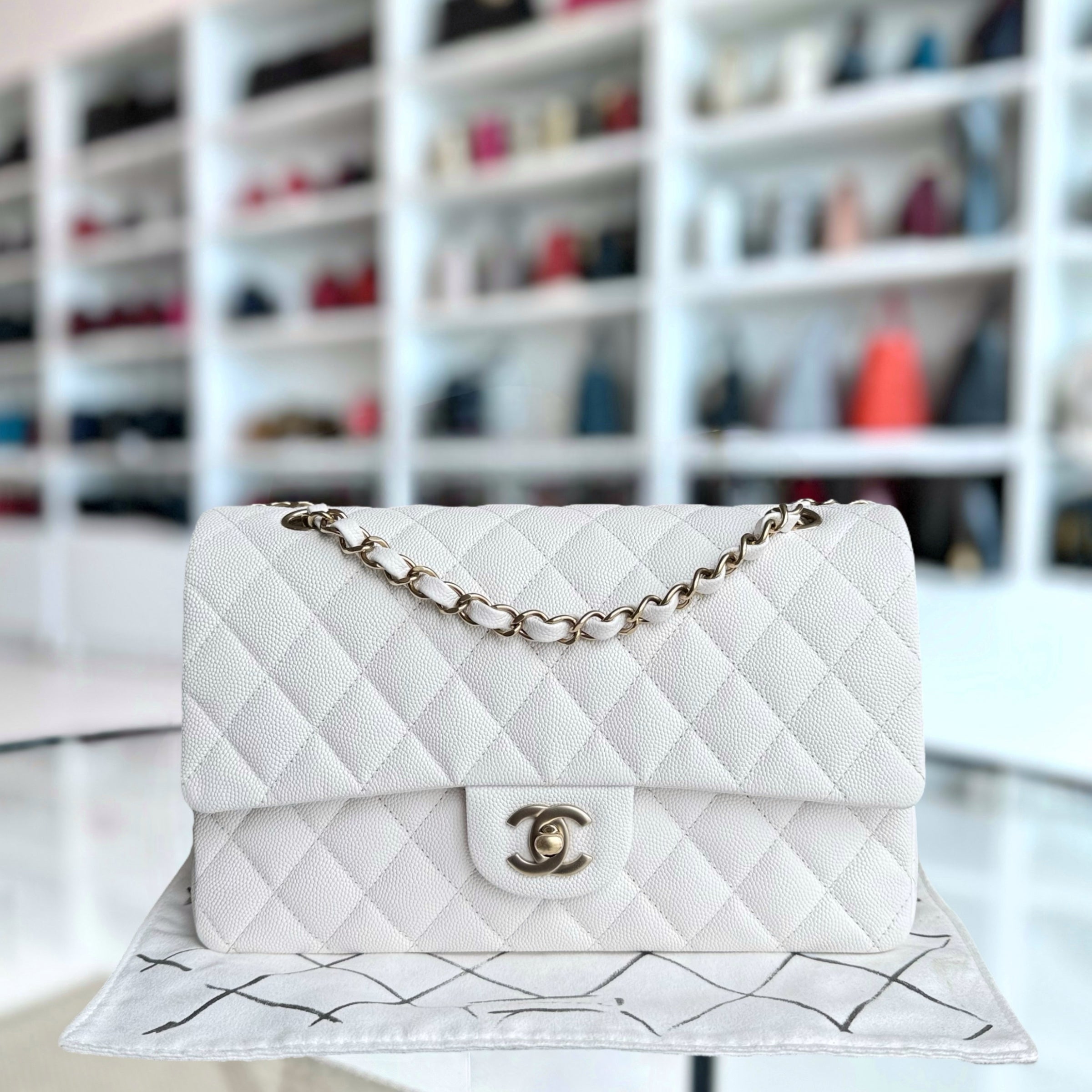 Chanel Classic Flap Medium - Caviar 25CM Quilted Snow White Gold Hardware Microchip