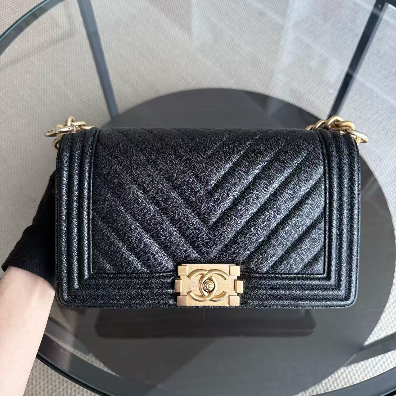 Chanel Boy Medium - Caviar 25CM Chevron Black Gold Hardware Series 26