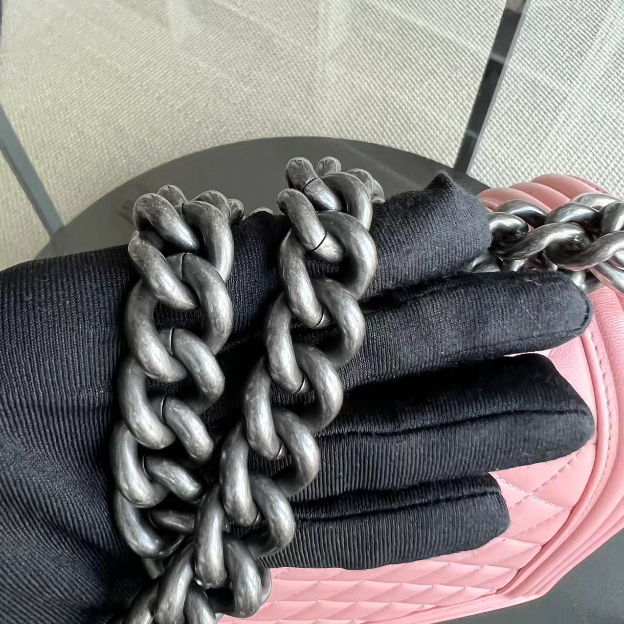 Boy New Medium 28CM Quilted Lambskin Sakura Pink Leboy Ruthenium Silver Hardware Series 20