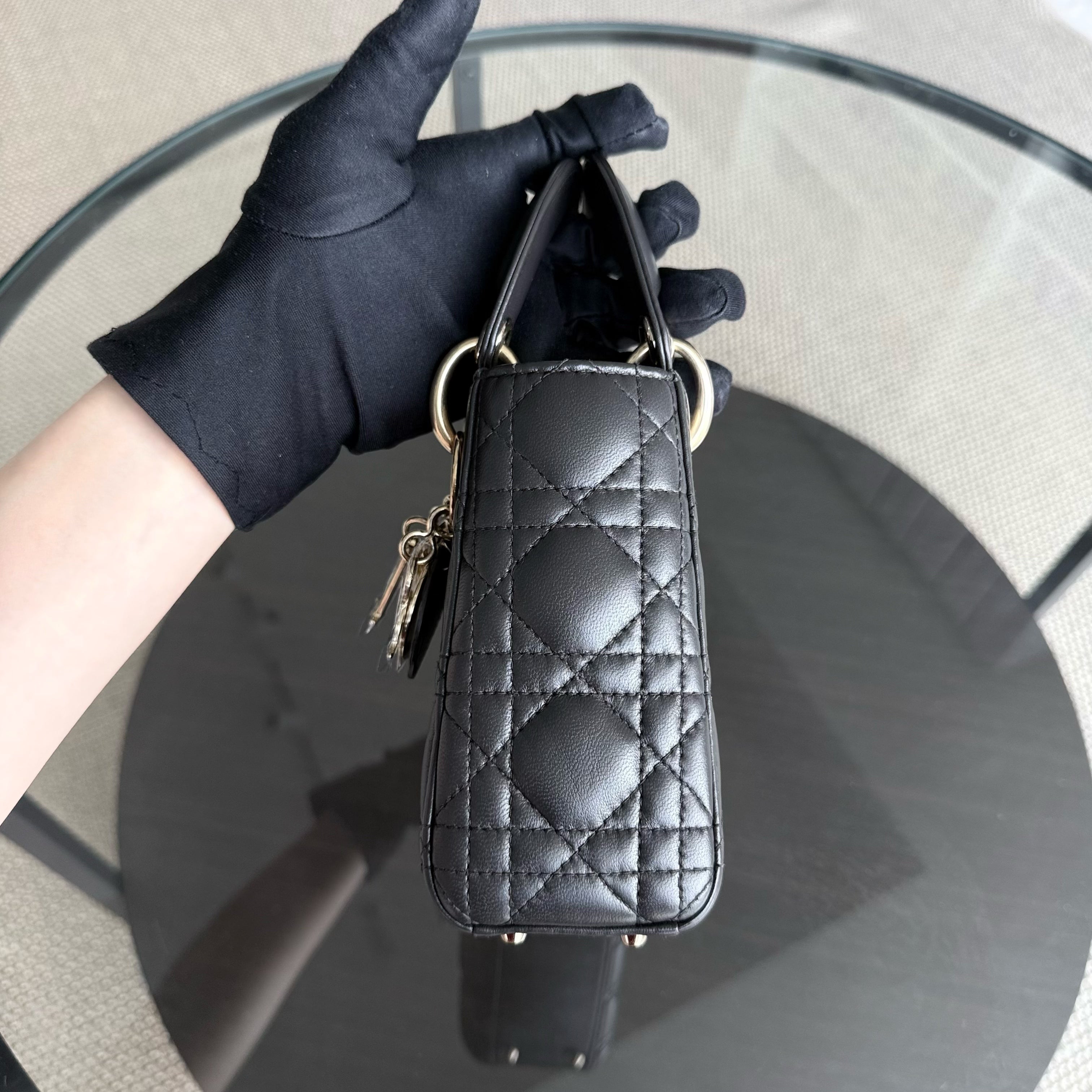 Dior Lady Mini - Cannage Lambskin Dark Grey Gray Gold Hardware Chain Strap