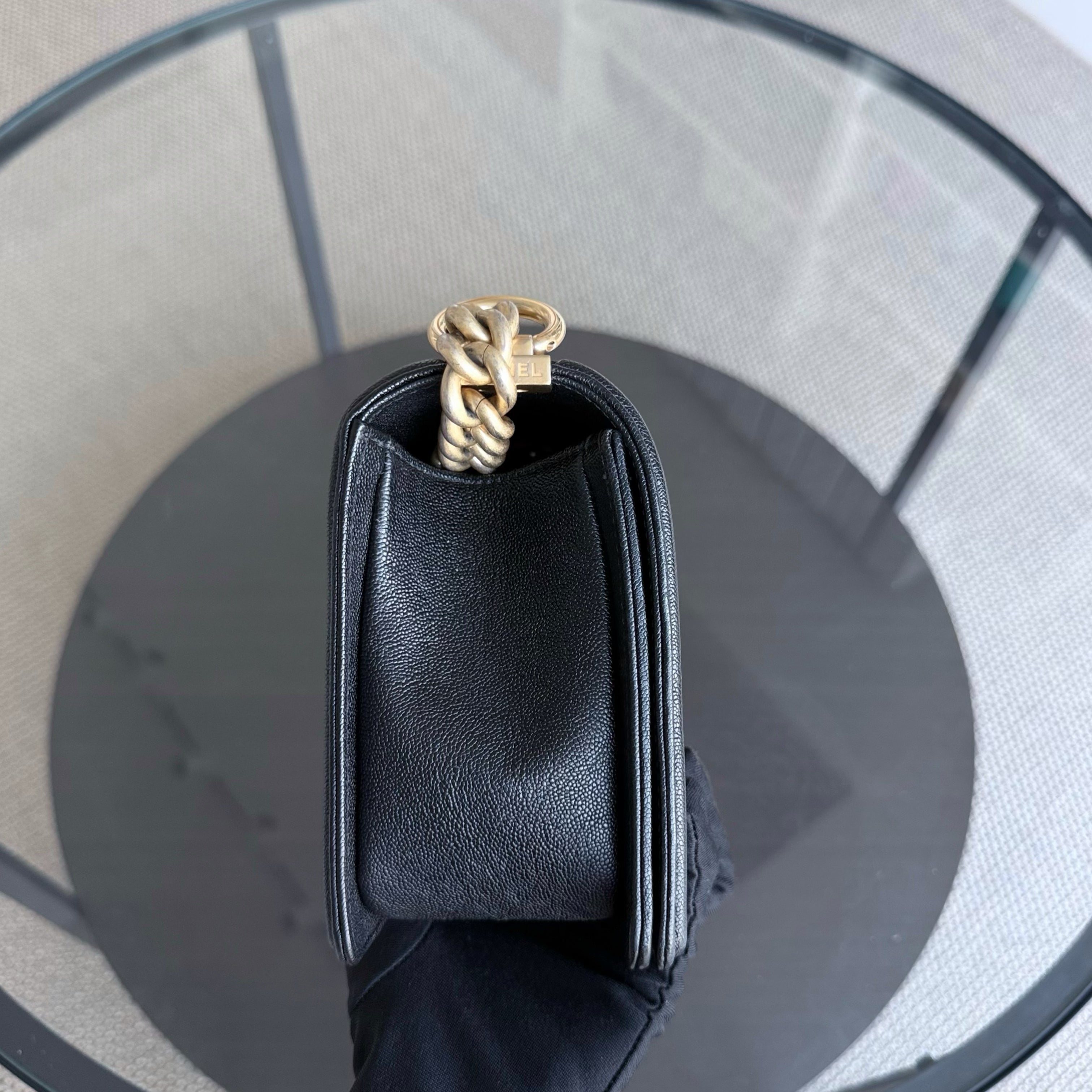 Chanel Boy Medium - Caviar 25CM Chevron Black Gold Hardware Series 26