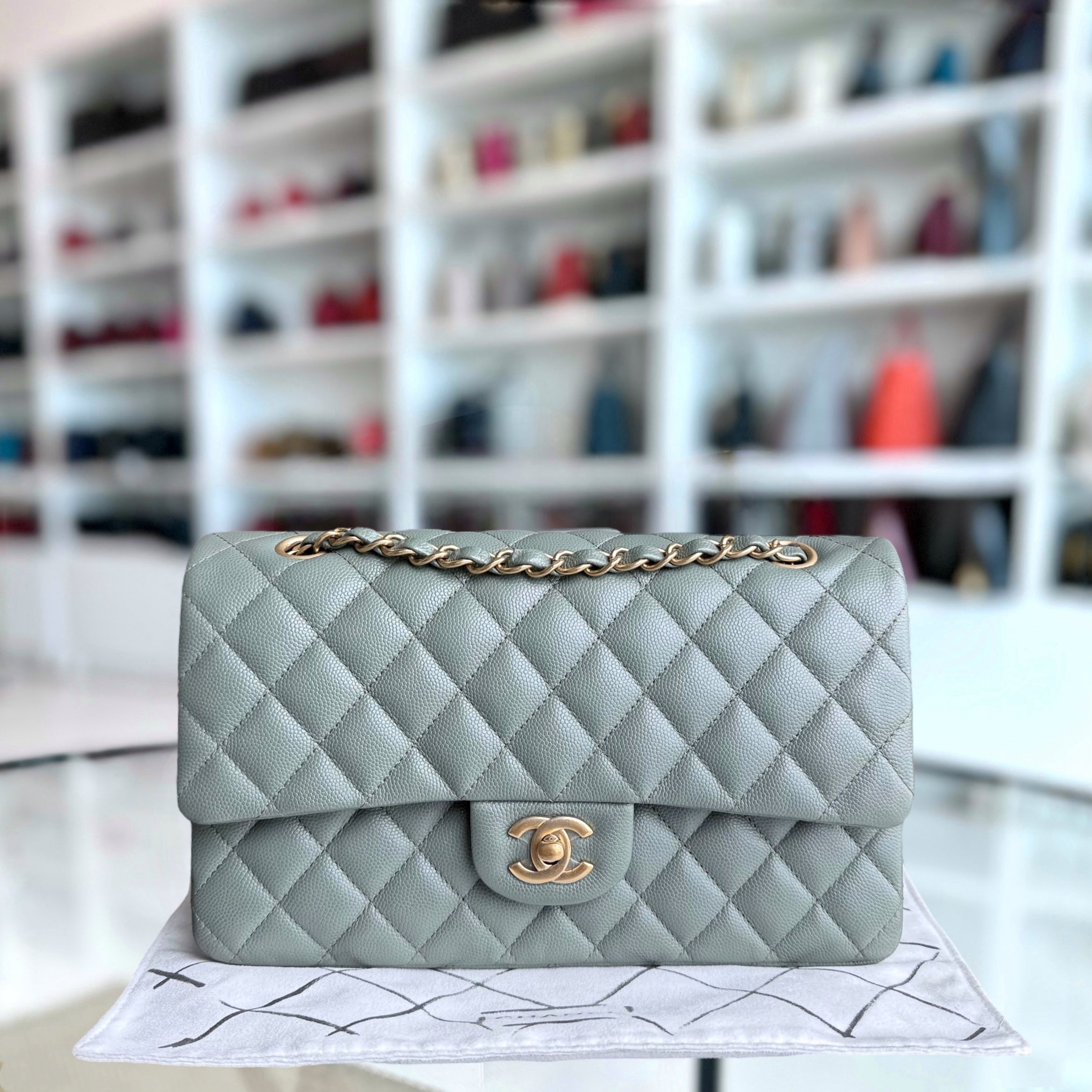 Chanel Classic Flap Medium - Caviar 25CM Quilted Light Green Gold Hardware Series 25