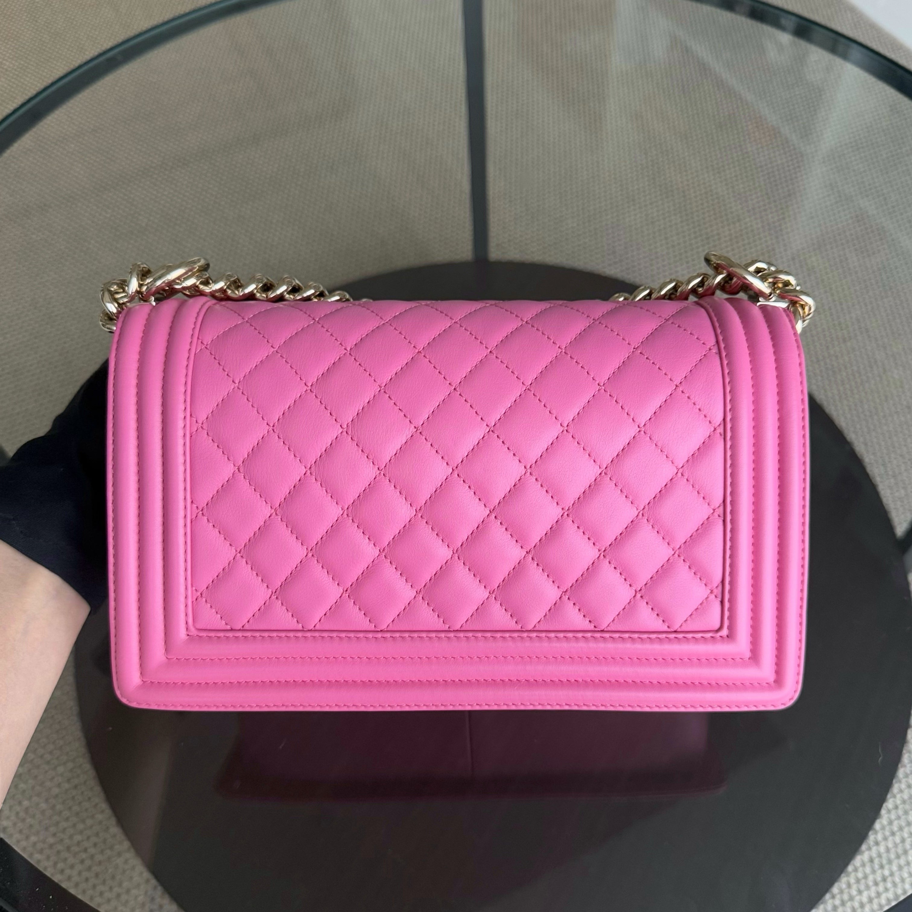 Chanel Boy Medium - Caflskin 25CM Quilted Pink Gold Hardware