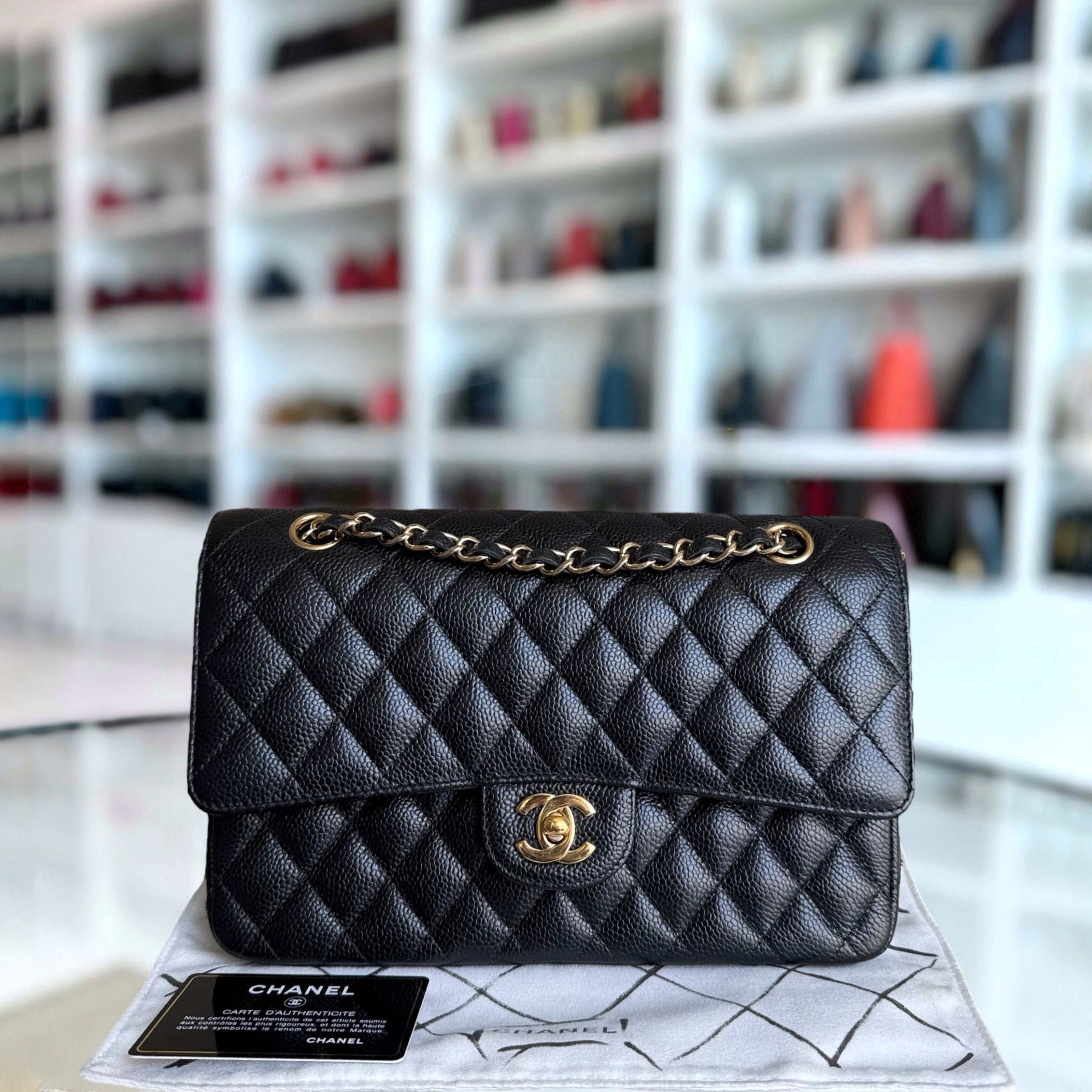 Chanel Classic Flap Medium - Caviar 25CM Quilted Black Gold Hardware Series 25