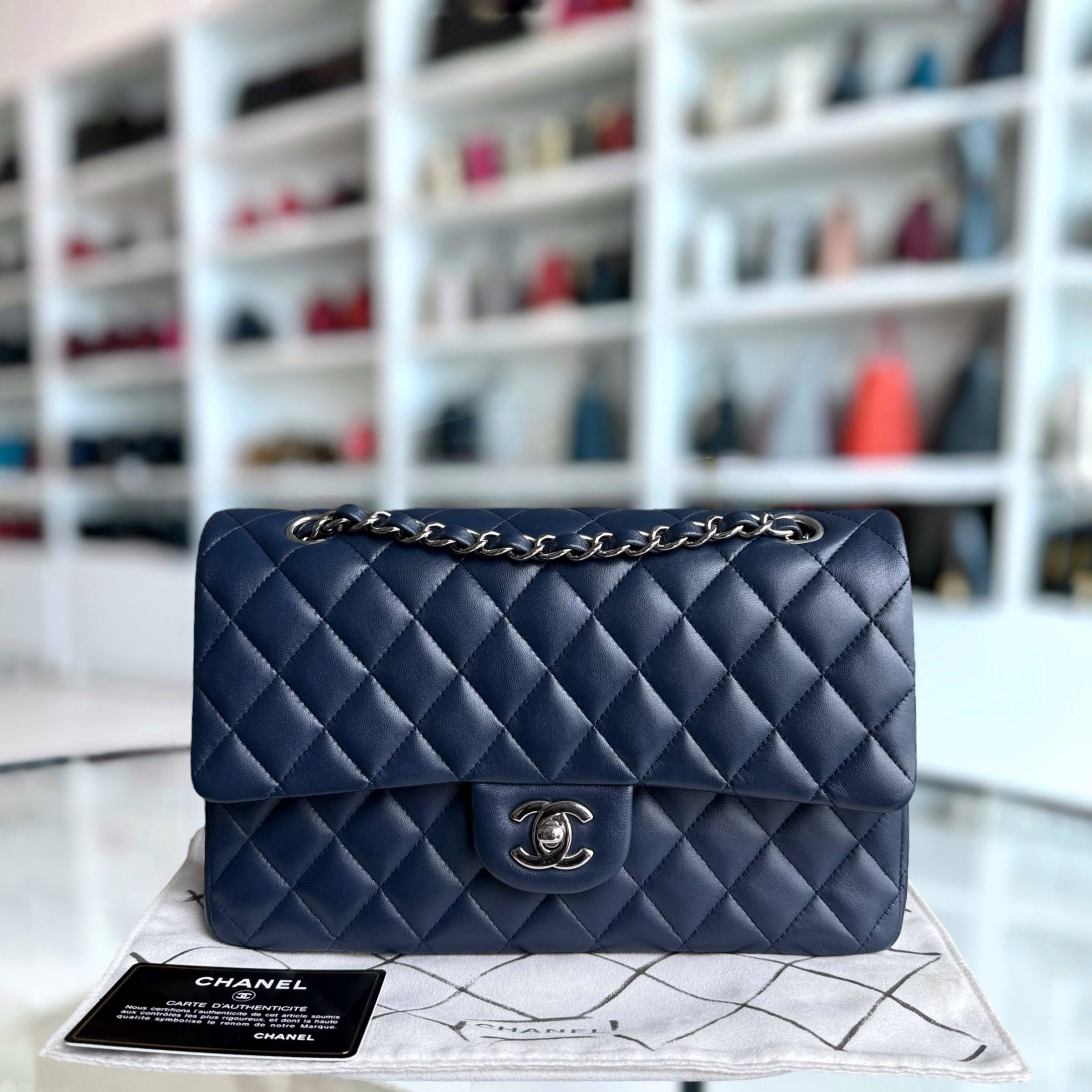 Chanel Classic Flap Medium - 25CM Quilted Lambskin Dark Navy Blue Silver Hardware Series 22