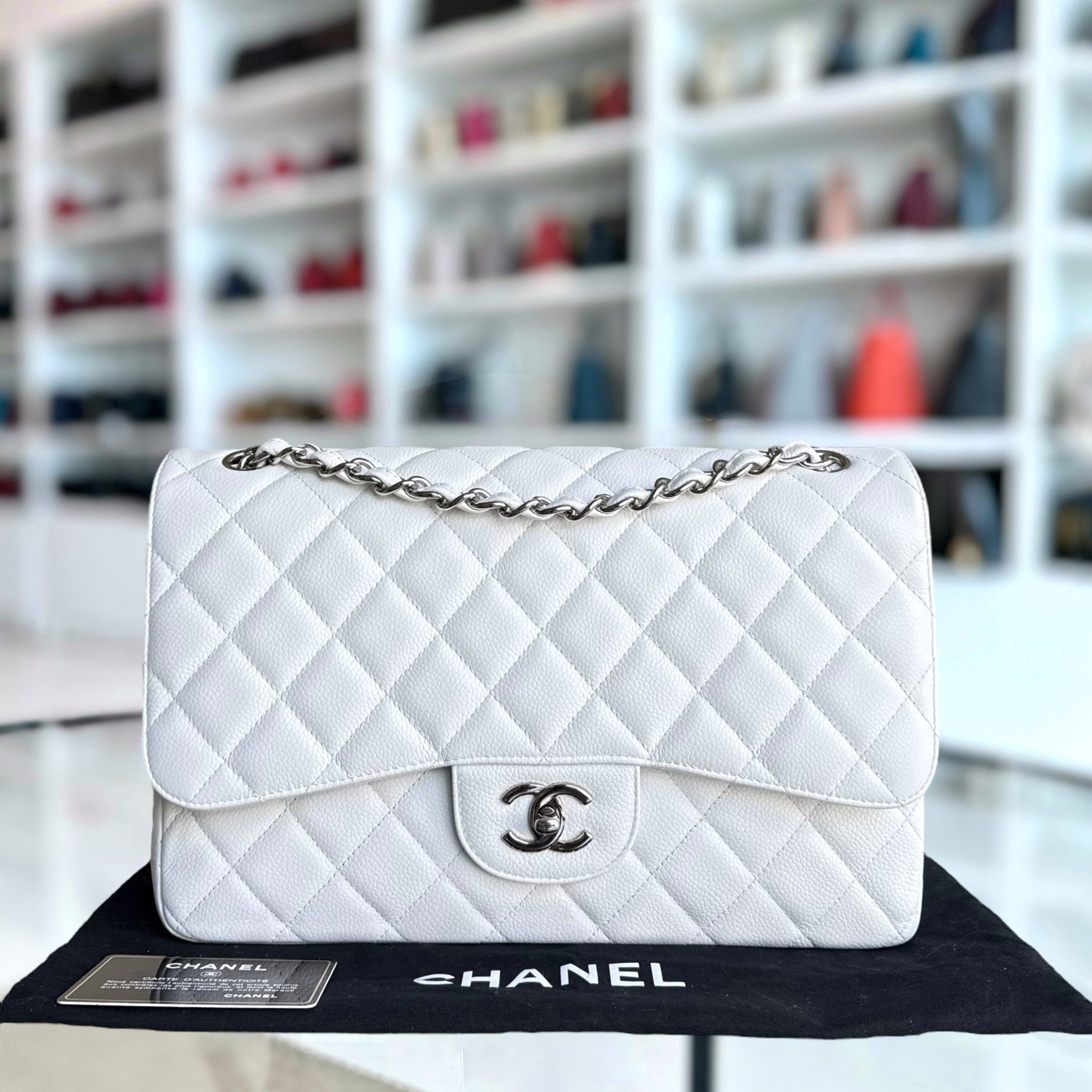 Chanel Classic Flap Jumbo - Caviar Double Flap 30CM Quilted White Silver Hardware Series 14
