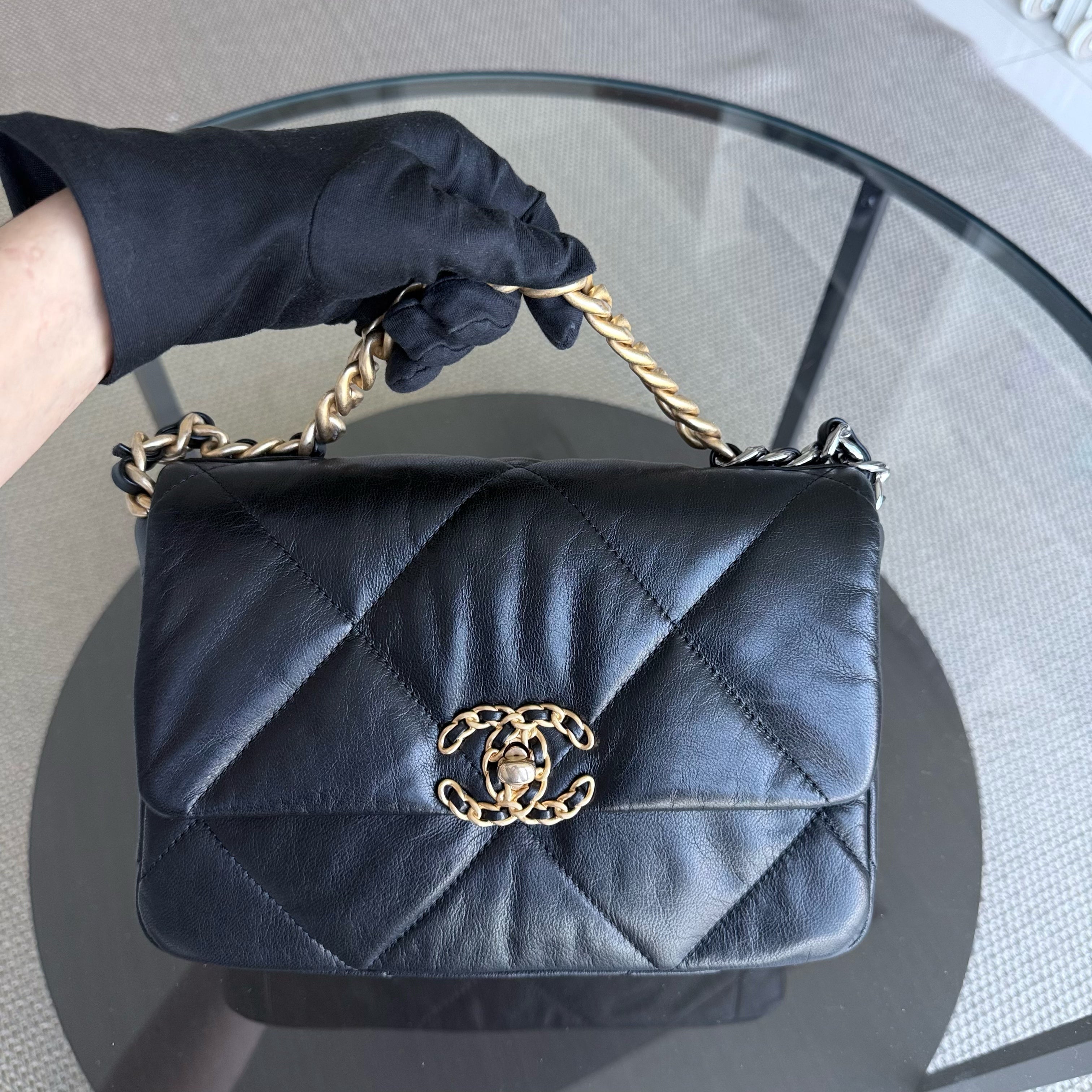 Chanel 19Bag C19 Small - Quilted Goatskin Black Gold Two-tone Hardware Series 30