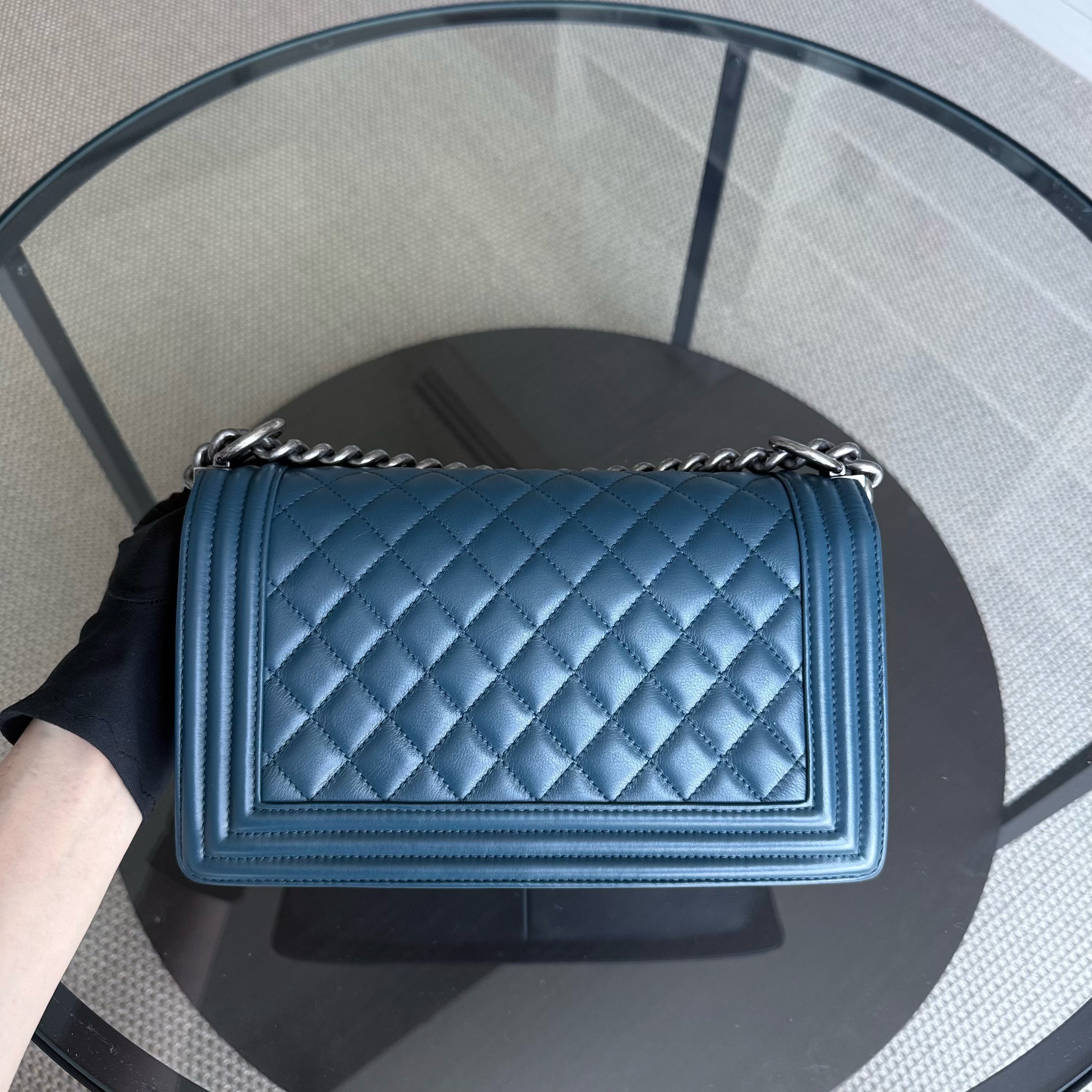 Chanel Boy Medium - Calfskin 25CM Quilted Blue Ruthenium Silver Hardware Series 26