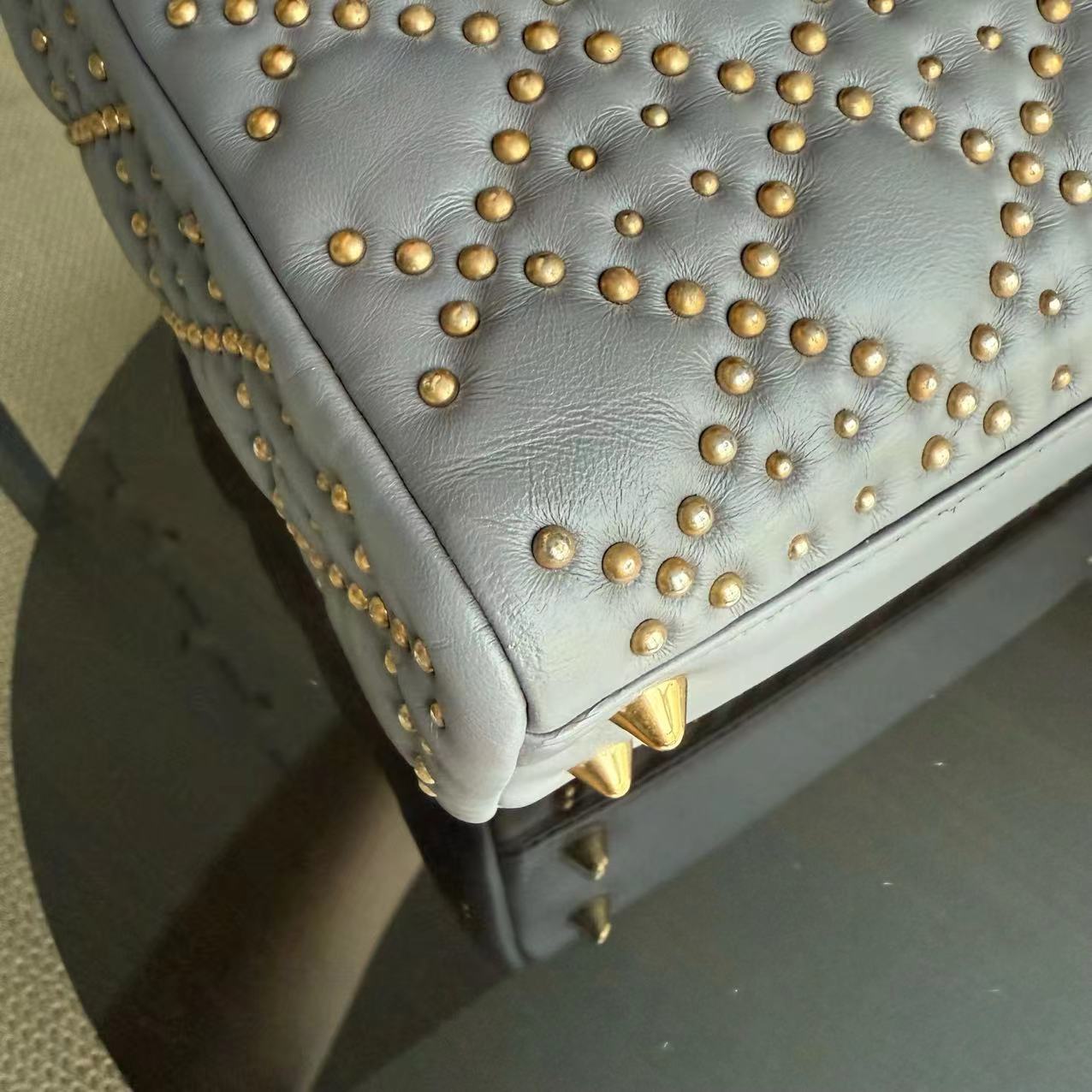 Dior Small Lady Shoulder Bag - Studded Cannage Grey Gray Golden Hardware