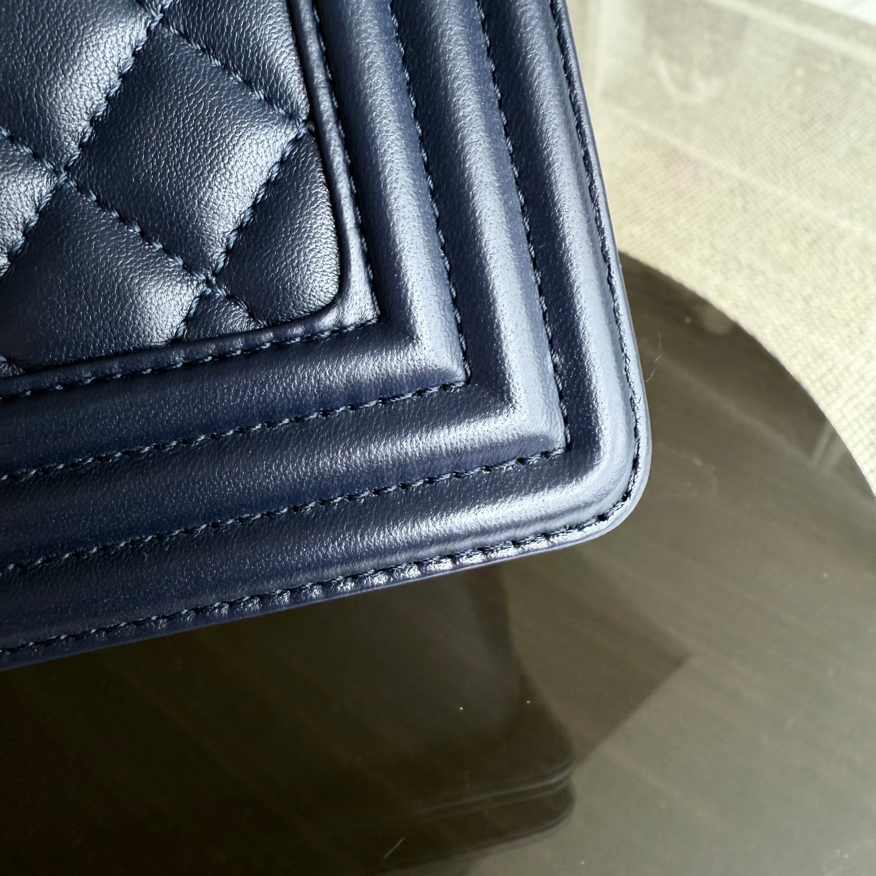 Chanel Boy Medium - 25CM Quilted Lambskin Dark Navy Blue Gold Hardware Series 22
