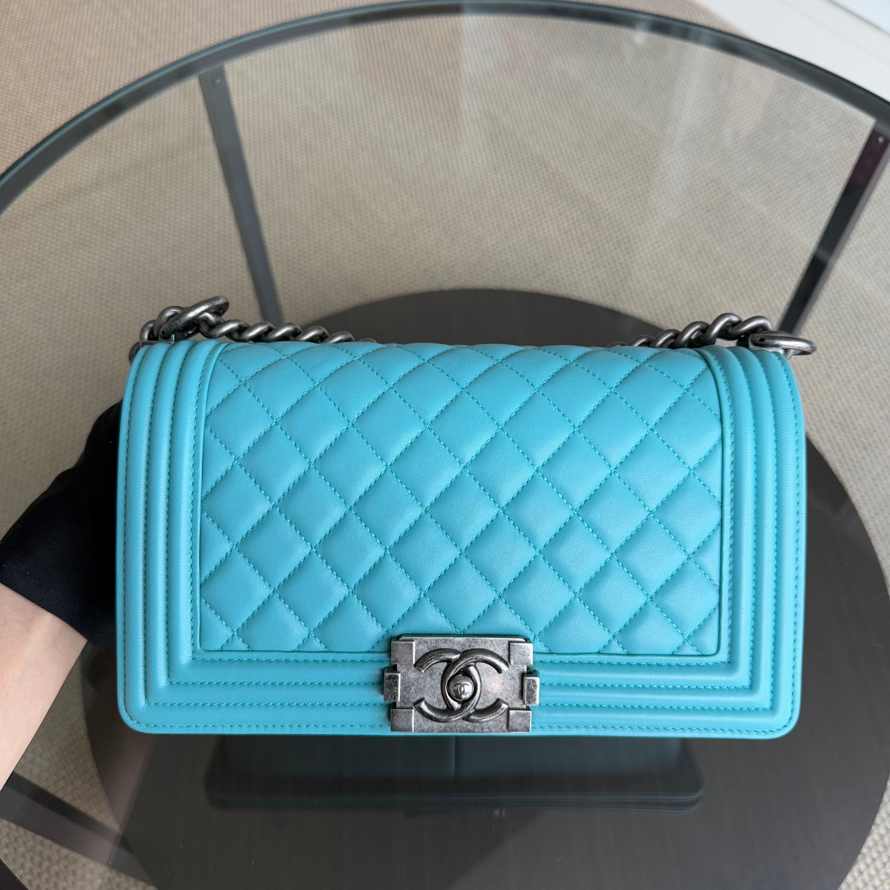 Chanel Boy Medium - 25CM Quilted Lambskin Cyan Blue Ruthenium Silver Hardware Series 19