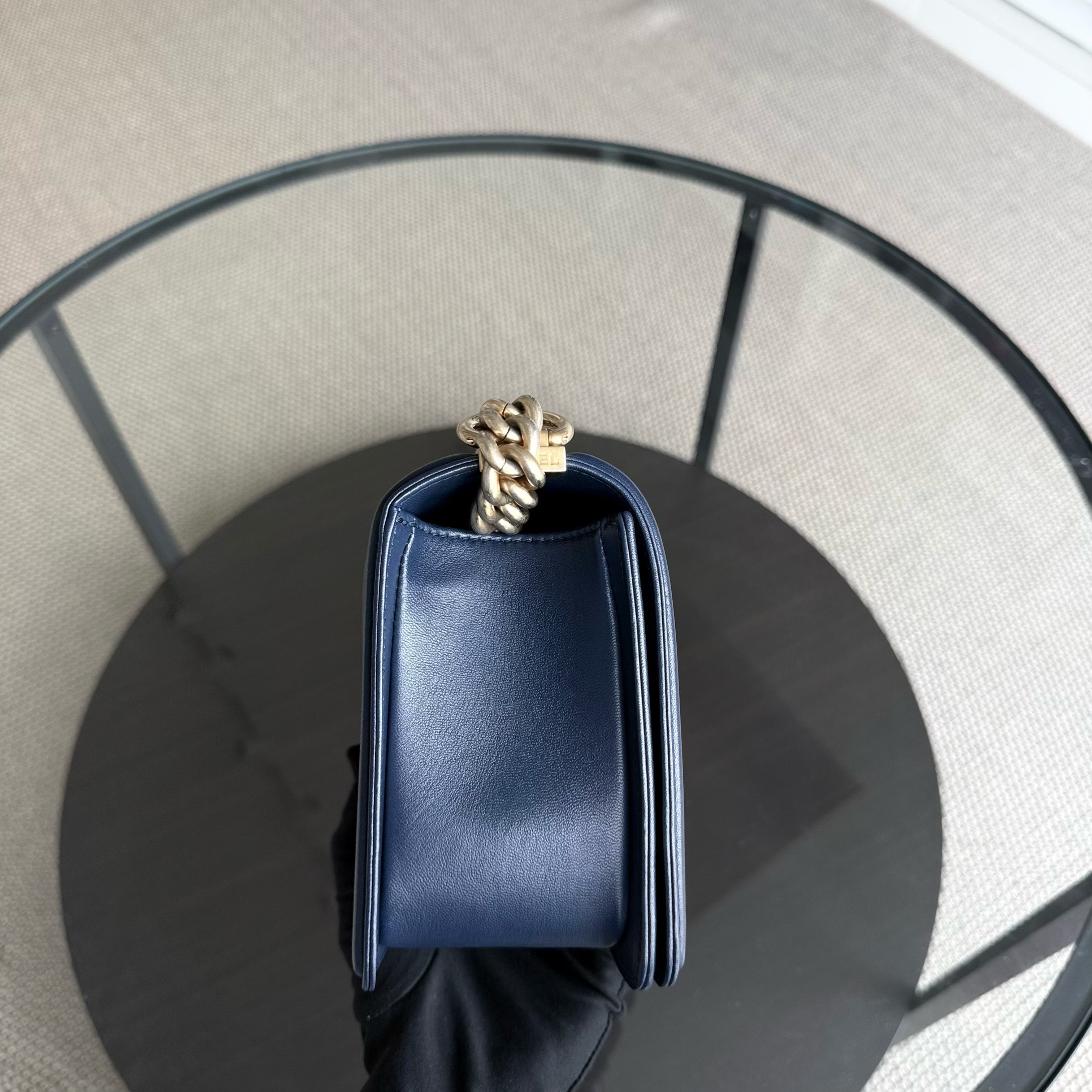 Chanel Boy Meidum - 25CM Quilted Lambskin Dark Blue Gold Hardware Series 21