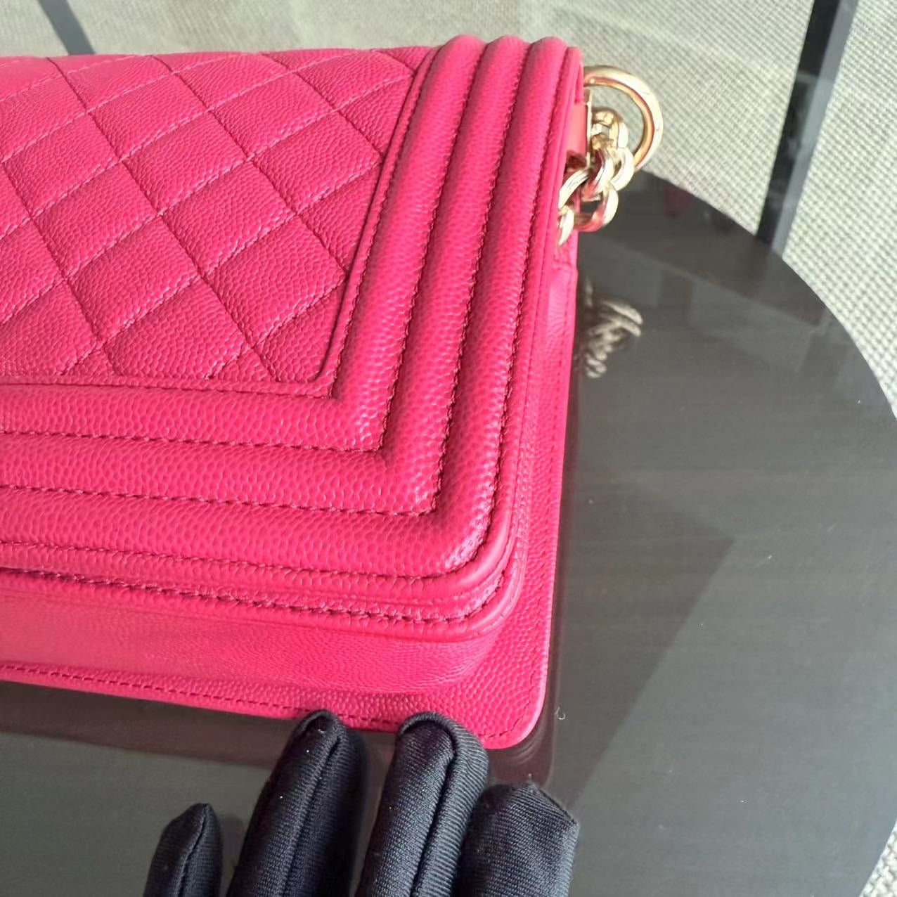 Chanel Boy Medium - Caviar 25CM Quilted Grained Calfskin Hot Pink Gold Hardware Series 23