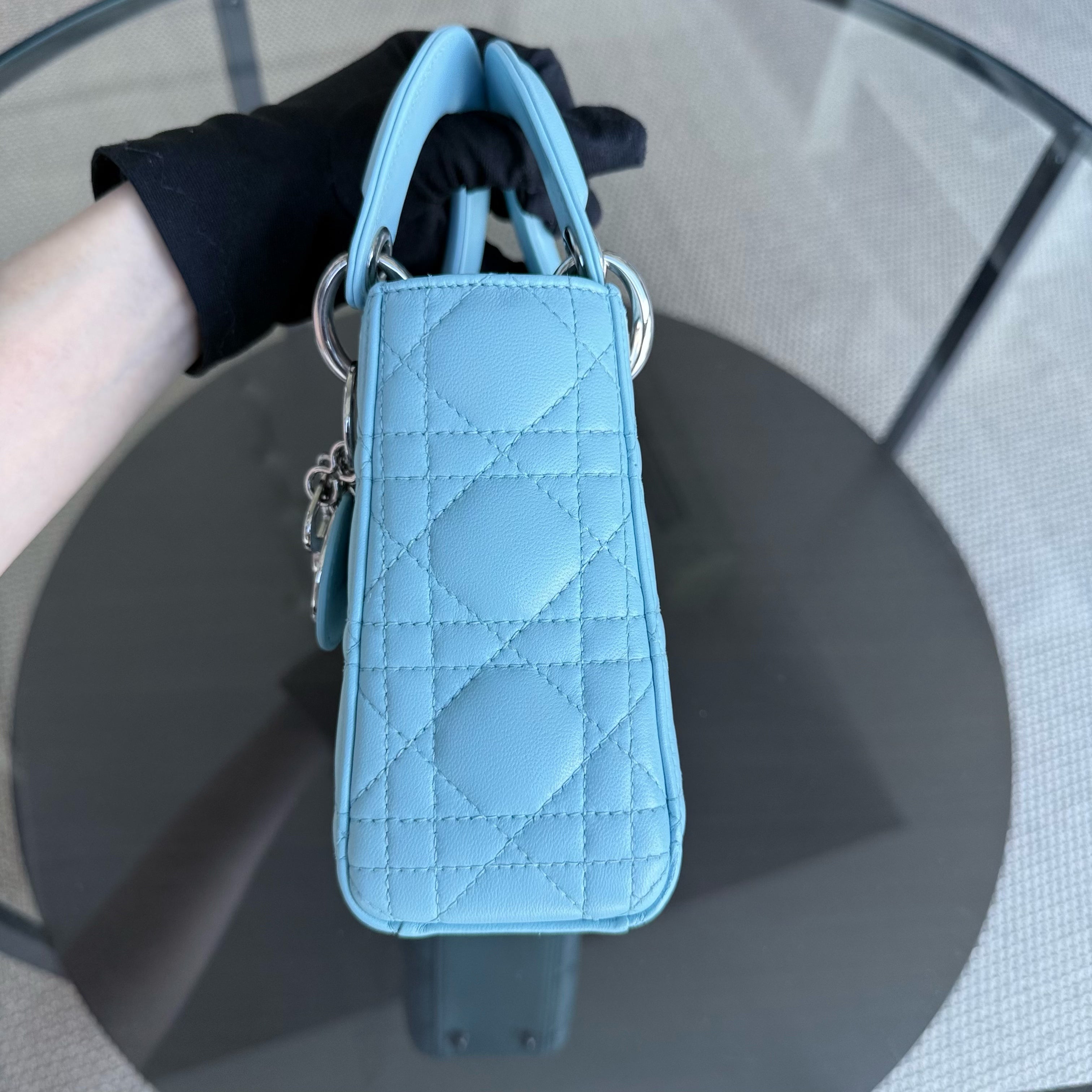 Dior Lady Mini - Cannage Lambskin Light Blue Silver Hardware Adjustable strap