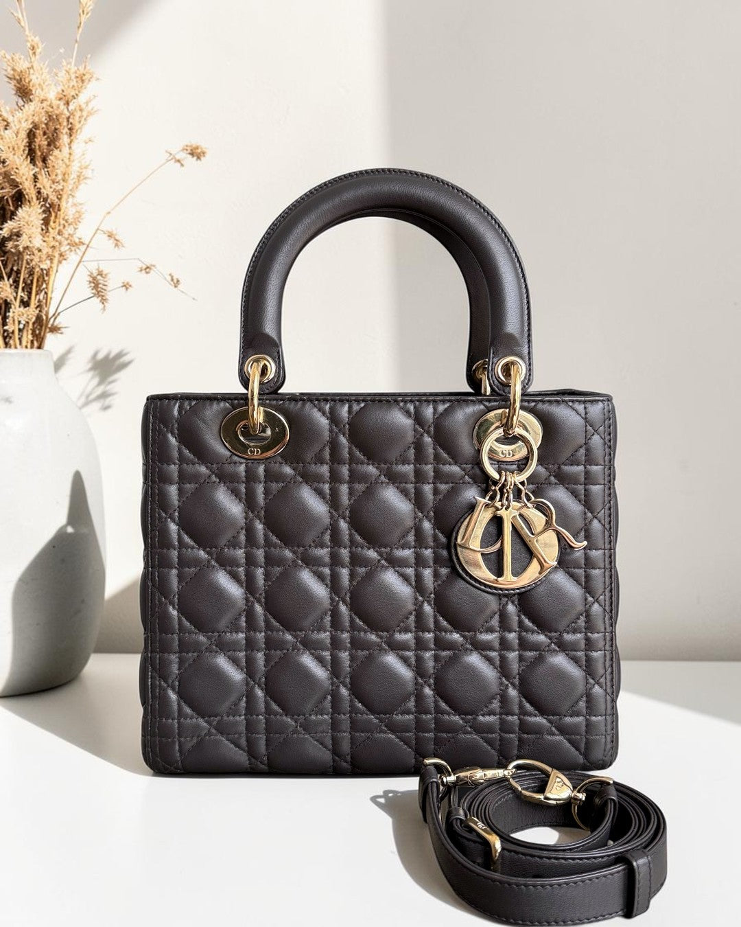 Dior Lady Medium - Cannage Lambskin Dark Gray Gold Hardware Adjustable Strap