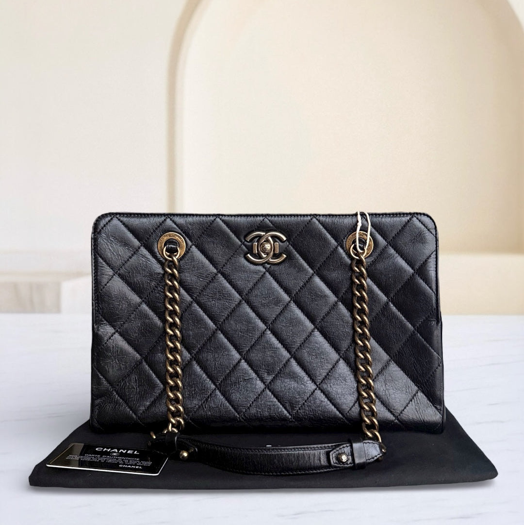 Chanel Shopping Tote - Calfskin Quilted Black Gold Hardware