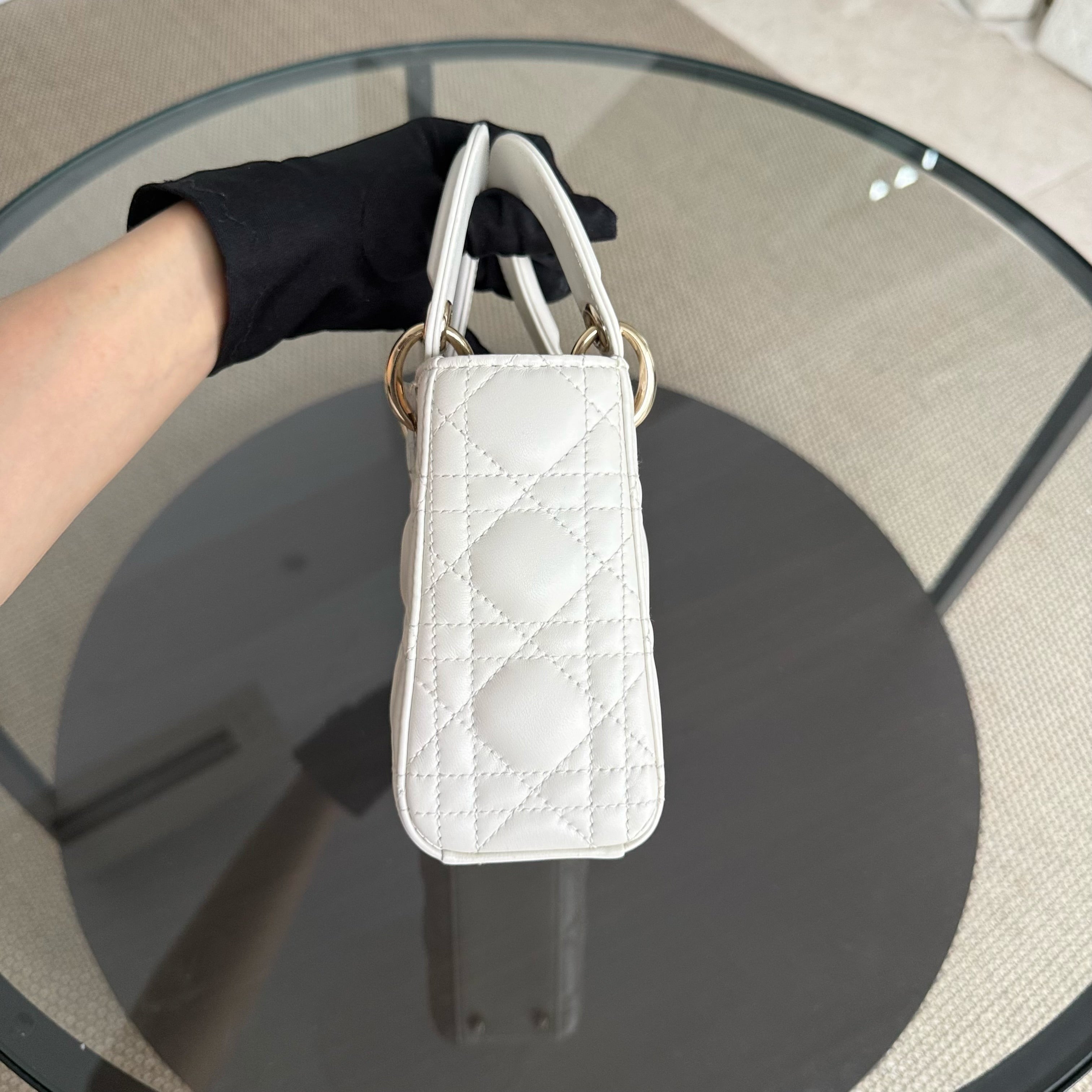 Dior Lady Mini - Year 2024 Cannage Lambskin White Gold Hardware Chain Strap