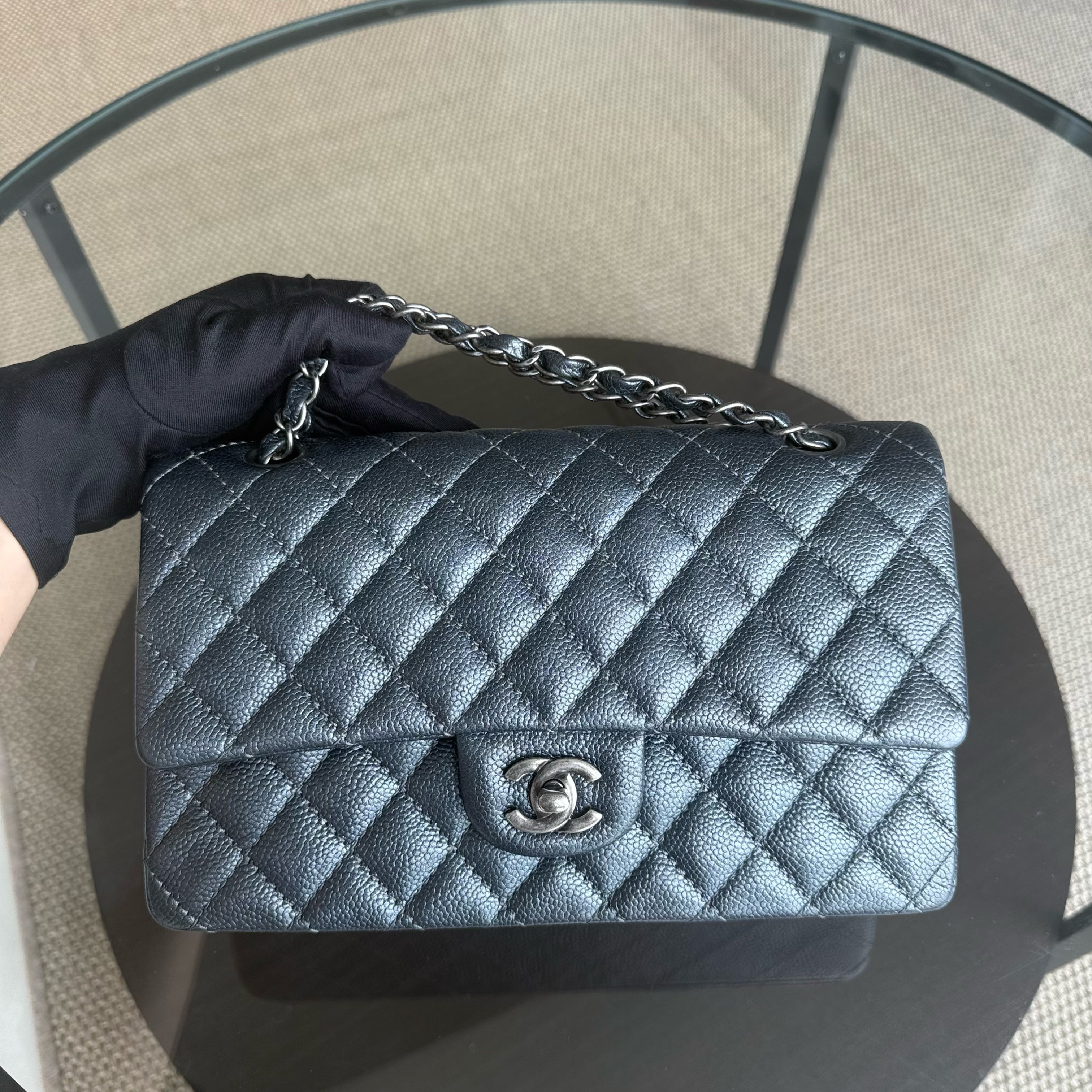 Chanel Classic Flap Medium - Caviar 25CM Quilted Grained Calfskin Iridescent Charcoal Dark Grey Gray Ruthenium Silver Hardware Series 20