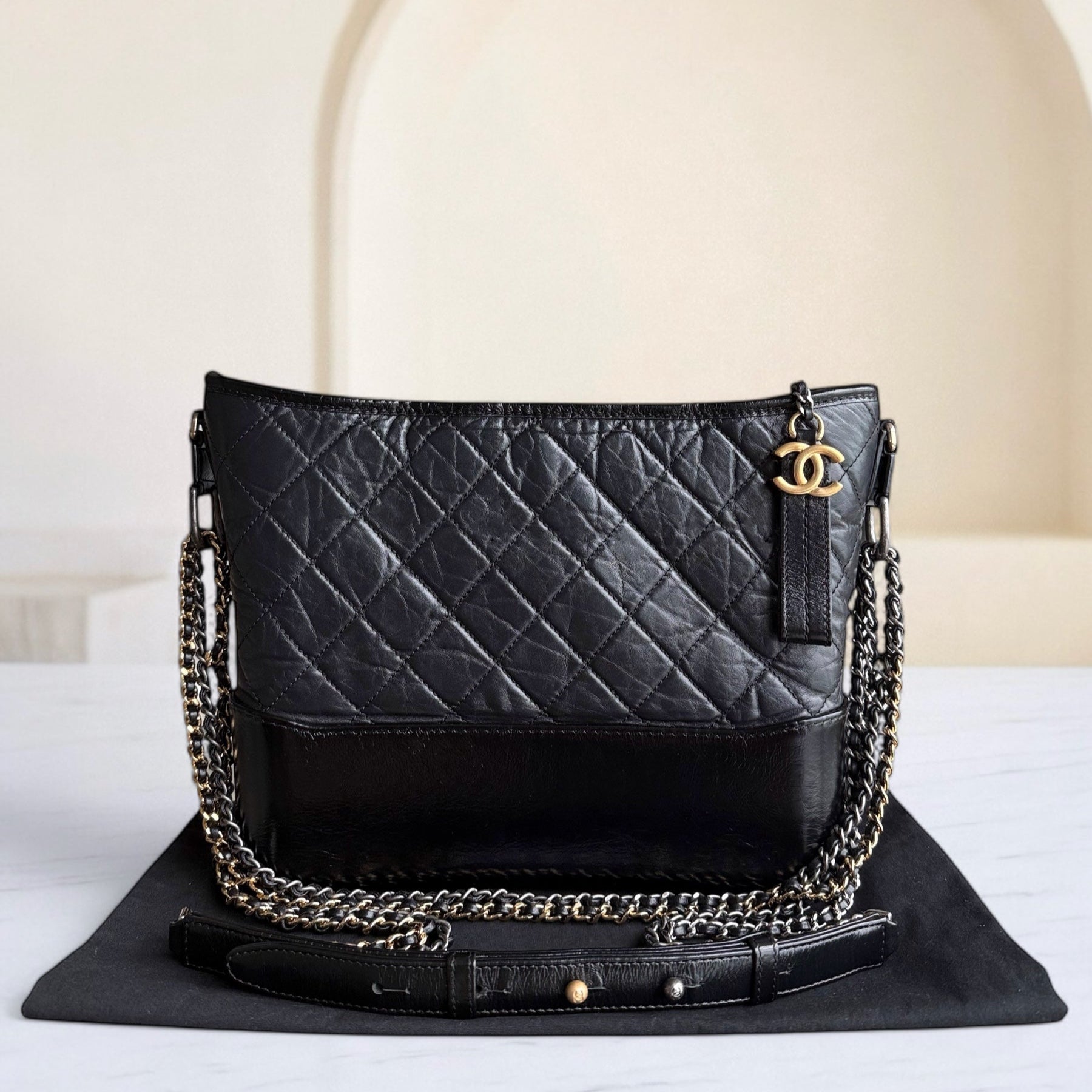 Chanel Gabrielle Medium - Quilted Aged Calfskin Black Two-tone Gold Hardware Series 25