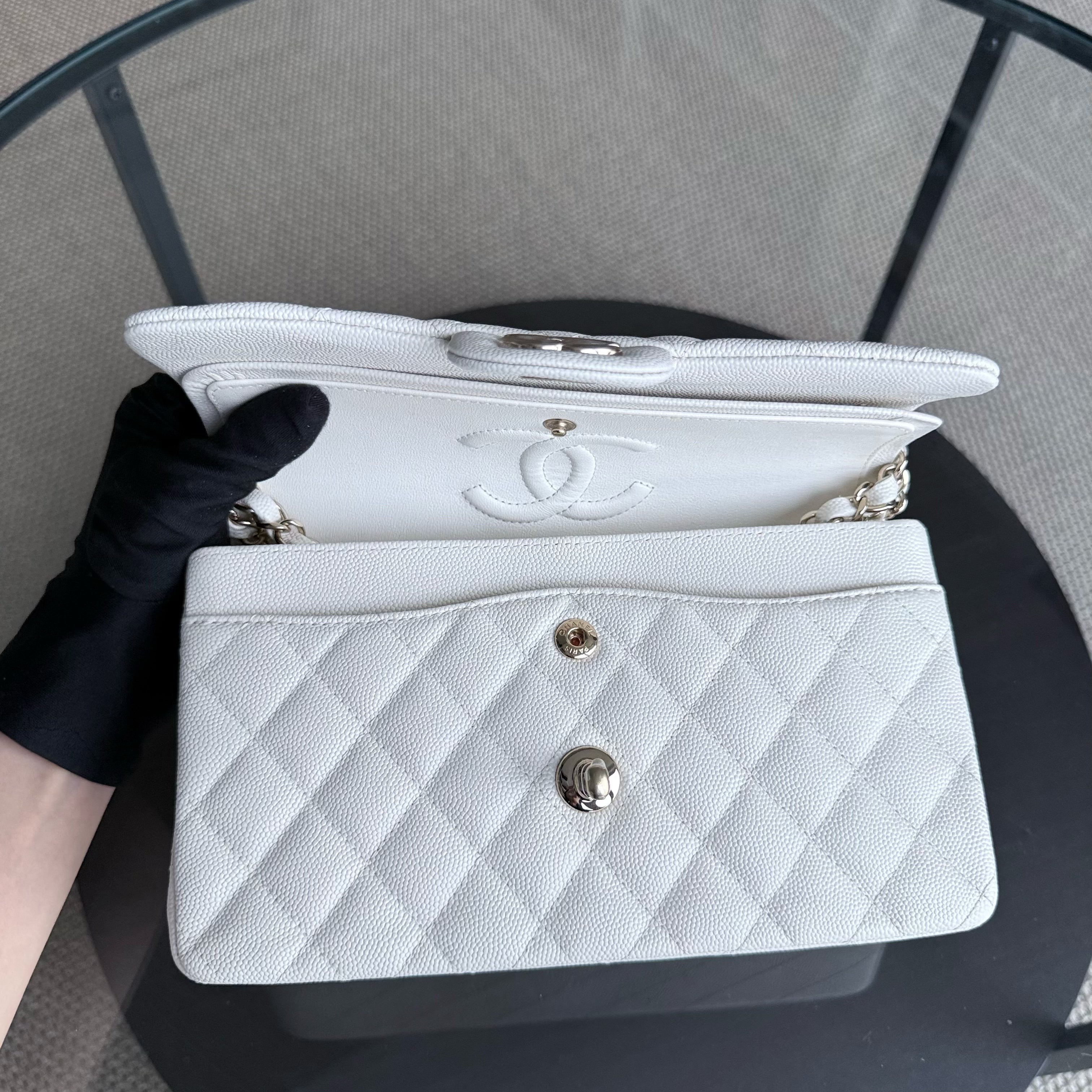 Chanel Classic Flap Small - Caviar 23CM Quilted Grained Calfskin White Light Gold Hardware Microchipped