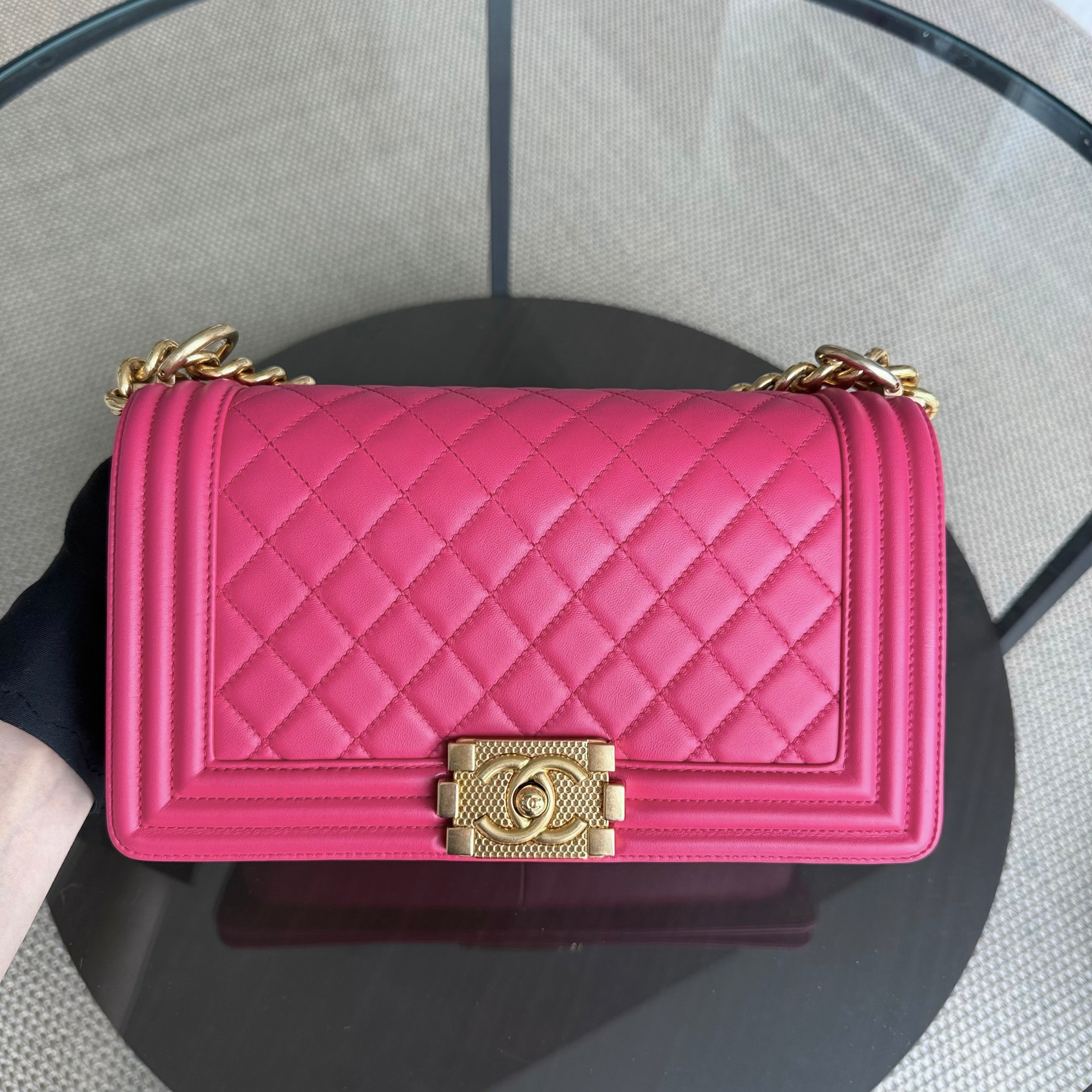 Chanel Boy Medium - 25CM Quilted Lambskin Hot Pink Gold Hardware Series 23